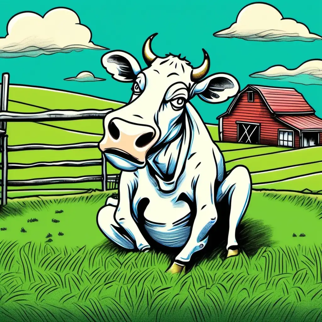 a hand drawn drunk cow sits in front of a farm with green pastures and blue sky done like the simpsons style