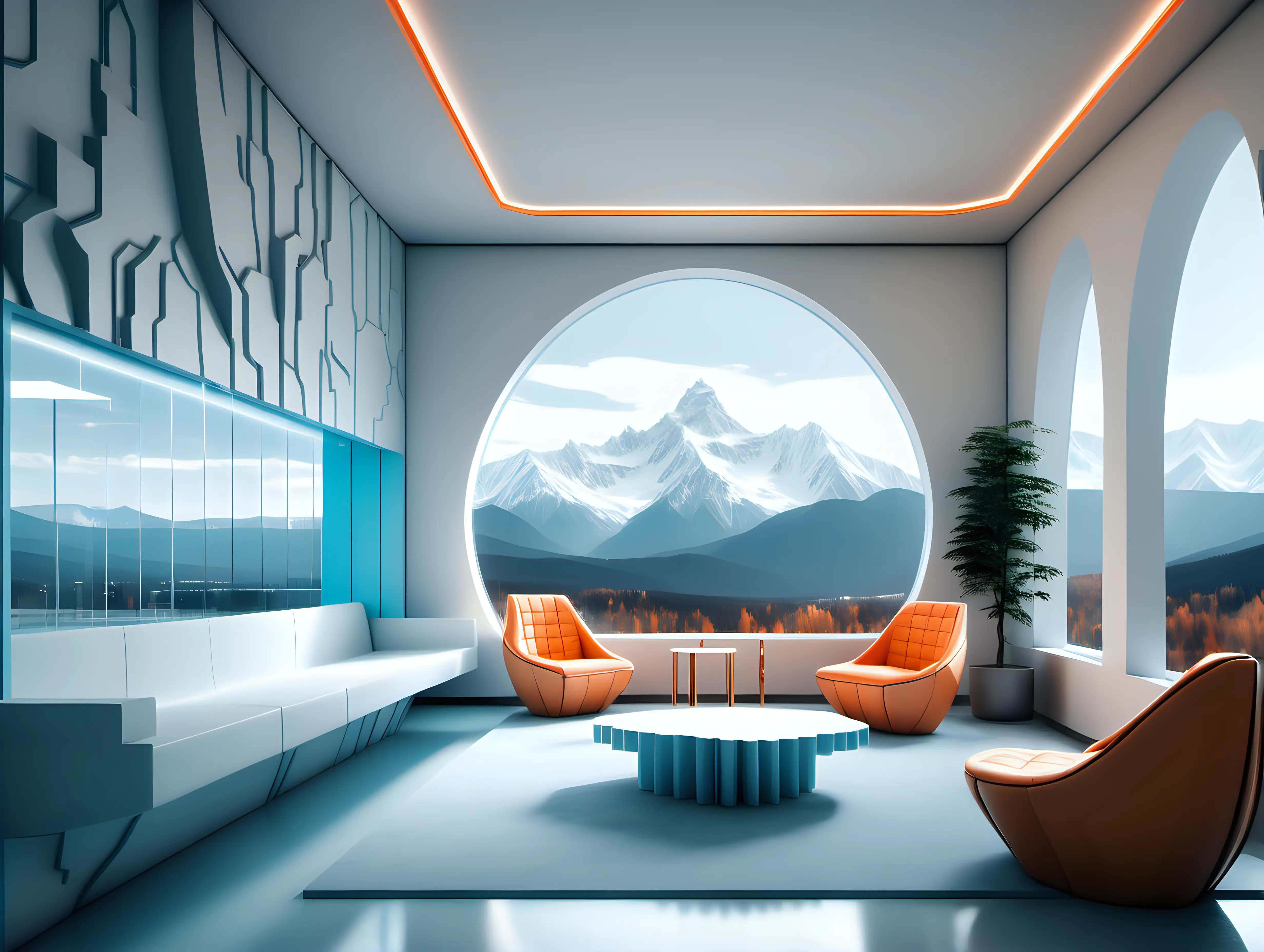 parametric fluid neverending fusion  style in cyberpunk spaceland, realistic hotel lobby white wall and light blue and light orange furniture and behind the window see high tatras