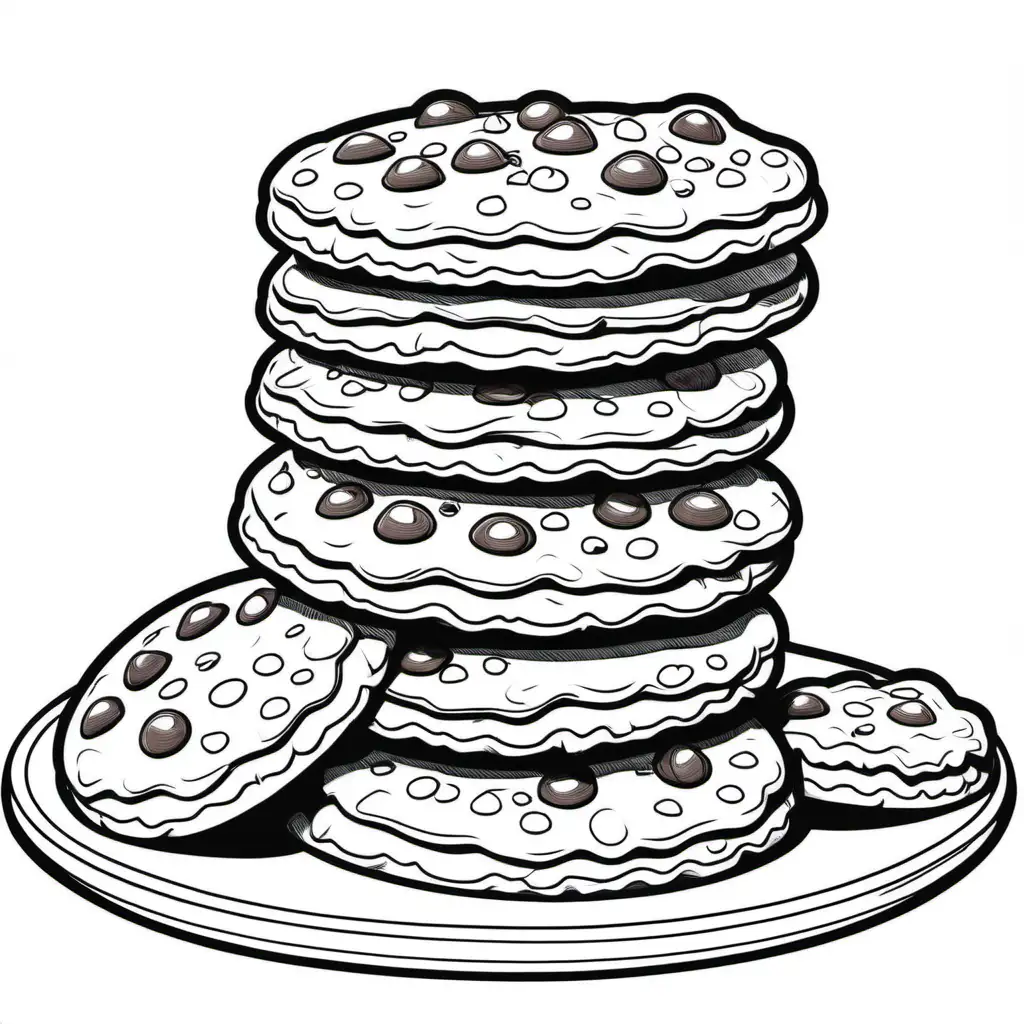 coloring page of a stack of chocolate chip cookies