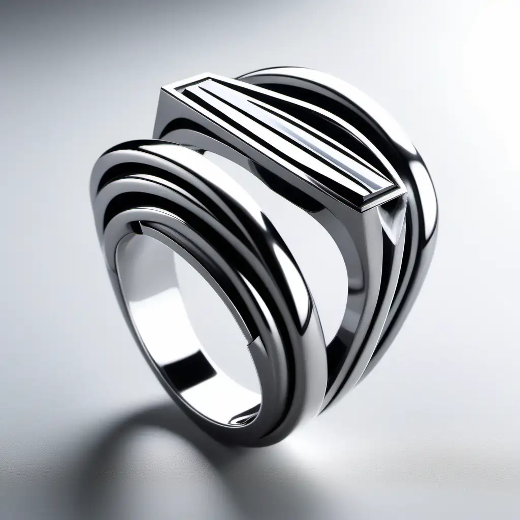 Bague art déco de style Zaha Hadid épuré et musclé sur deux étage