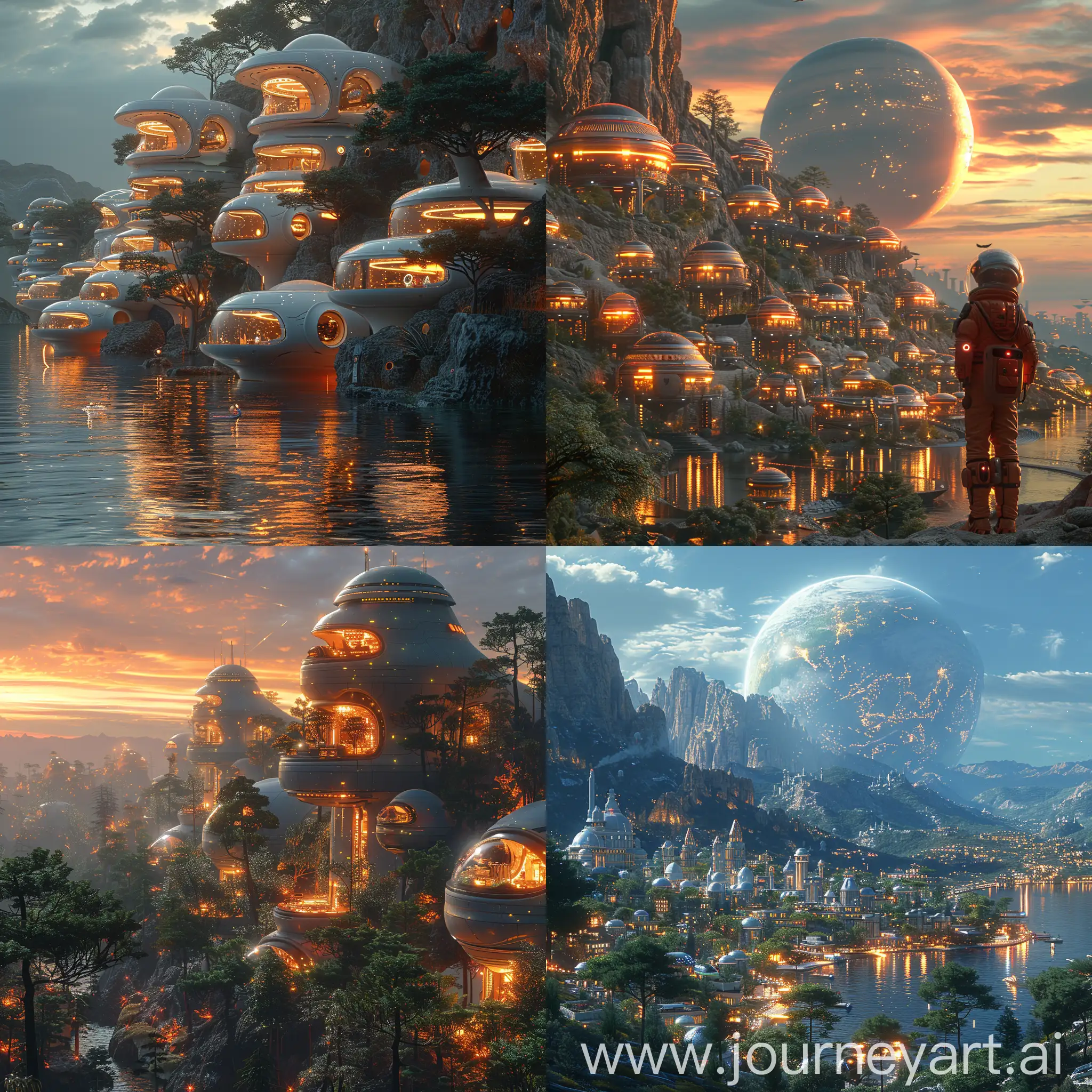 Futuristic exoplanet, futuristic features, Living bioluminescent cities, Personal weather control, Augmented reality integrated everywhere, 3D-printed food on demand, Hyper-efficient transportation, Advanced medical care, AI assistants for everything, Climate control technology, VR entertainment with full sensory immersion, Advanced educational tools, octane render --stylize 1000