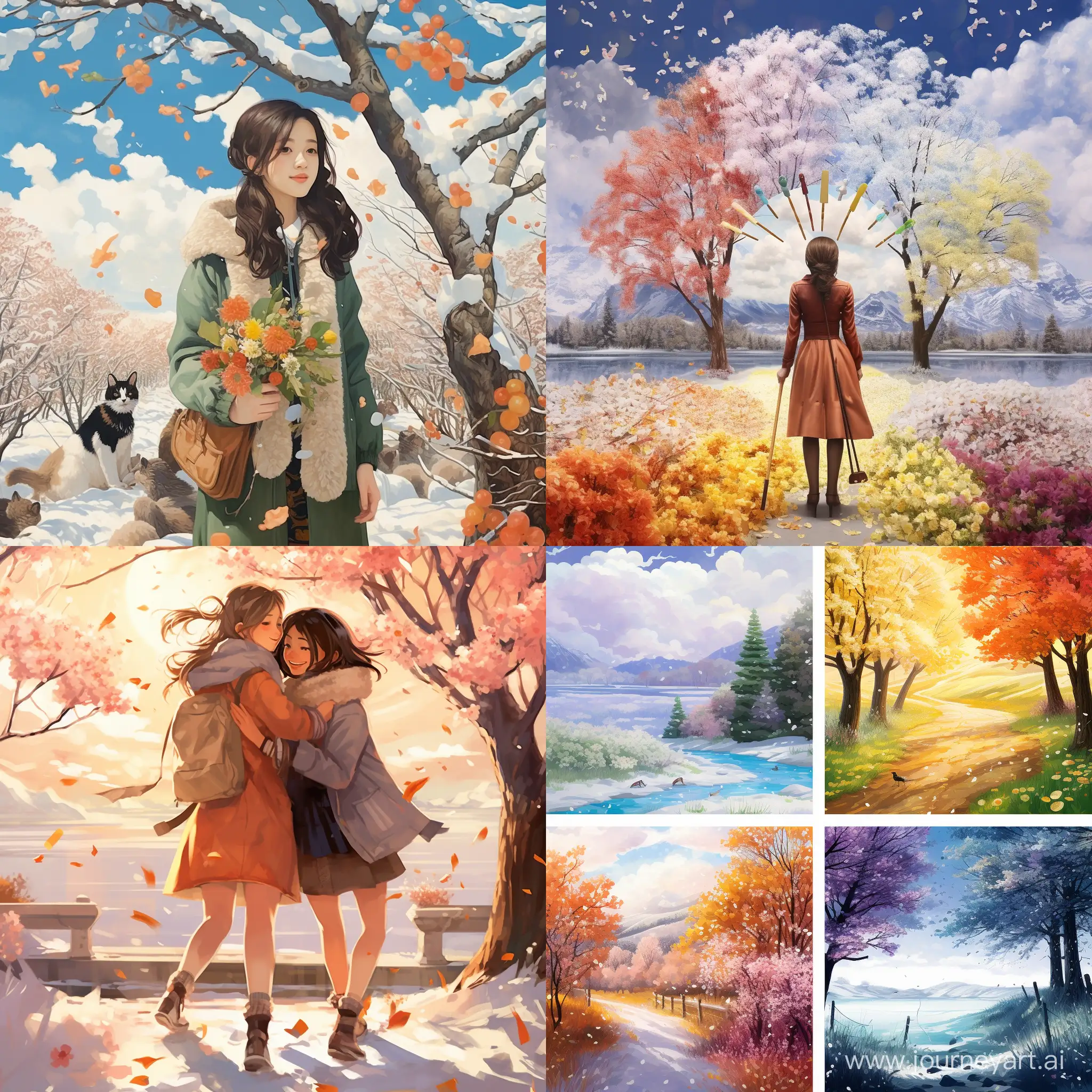 1.1) 4 seasons, (spring:1.2), (summer:1.3), (autumn:1.4), (winter:1.5), warm and happy atmosphere, blooming flowers, green trees, colorful leaves, white snow, sunshine, smiling people, wearing different clothes according to the season, full body,

