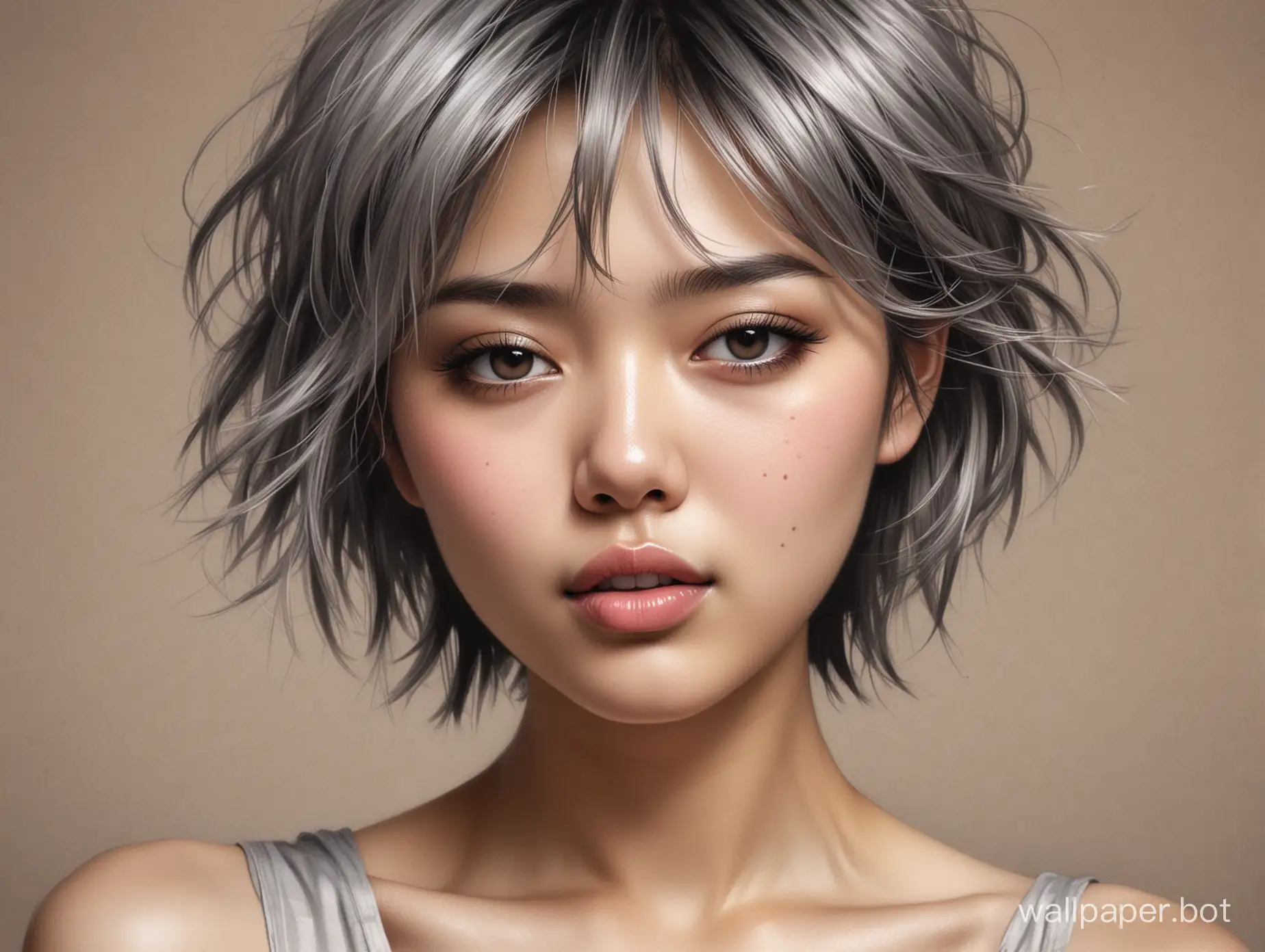 pencil Sketch of a beautiful asian girl 18 years old, with silwer short hair, messy hair, alluring, portrait by Charles Miano, ink drawing, illustrative art, soft lighting, detailed, more Flowing rhythm, elegant, low contrast, add soft blur with thin line, full pink lips, black eyes, black-silver clothes.
