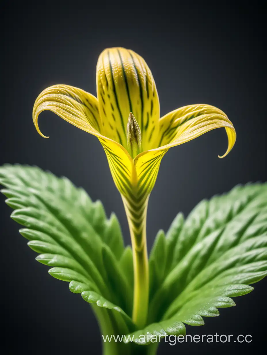 Adder’s Tongue yellow flower wild BIG flower 8k ALL FOCUS with natural fresh green 2 leaves on white background 