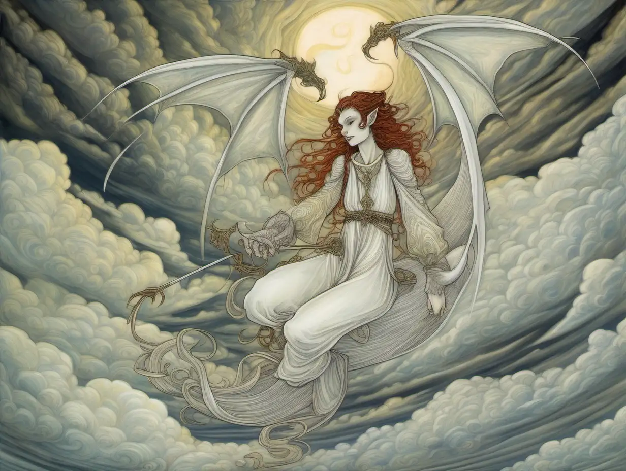 pointy tail, devilish, white, clouds, medieval fantasy, Rebecca Guay