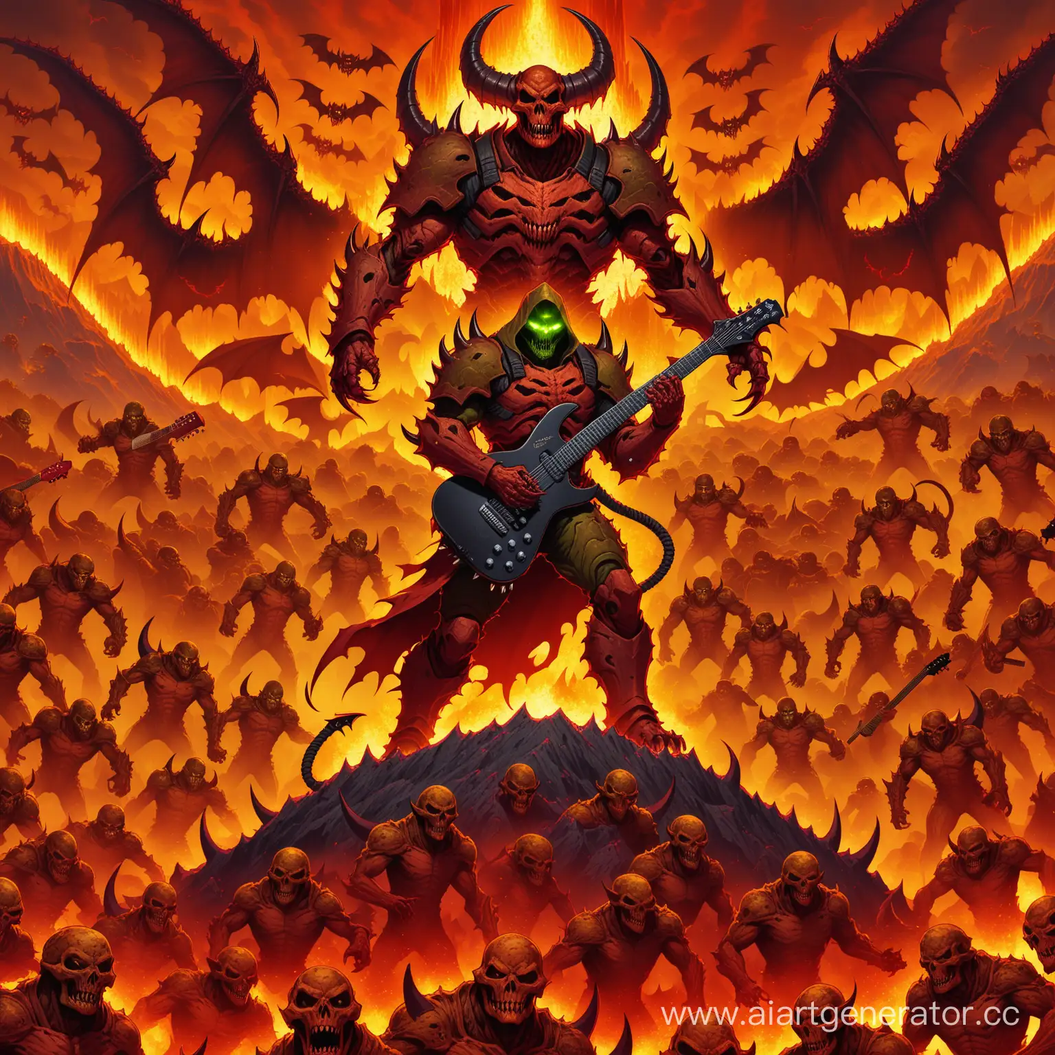 Doom slayer stands on a mountain of demon corpses and plays a demonic electronic guitar