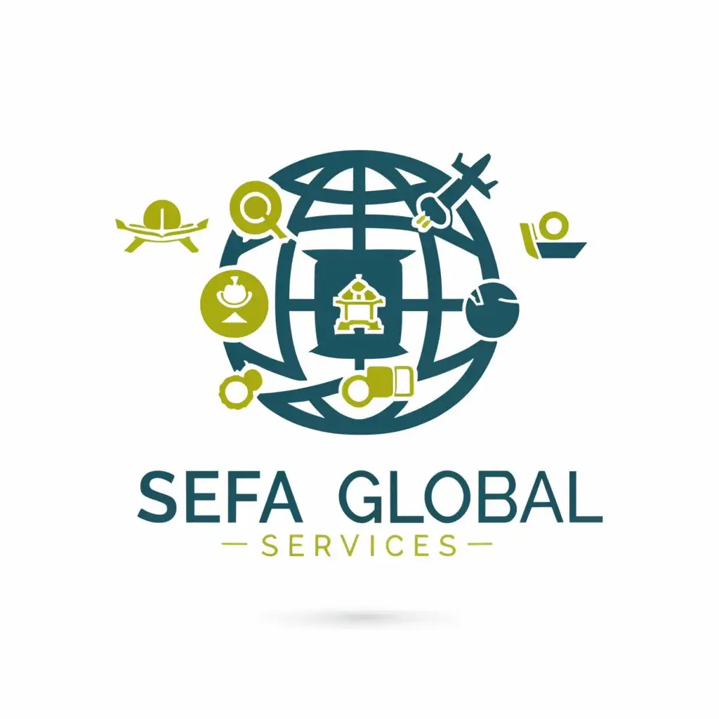 a logo design,with the text "SEFA GLOBAL SERVICES", main symbol:Interconnected globe with diverse service icons,complex,clear background