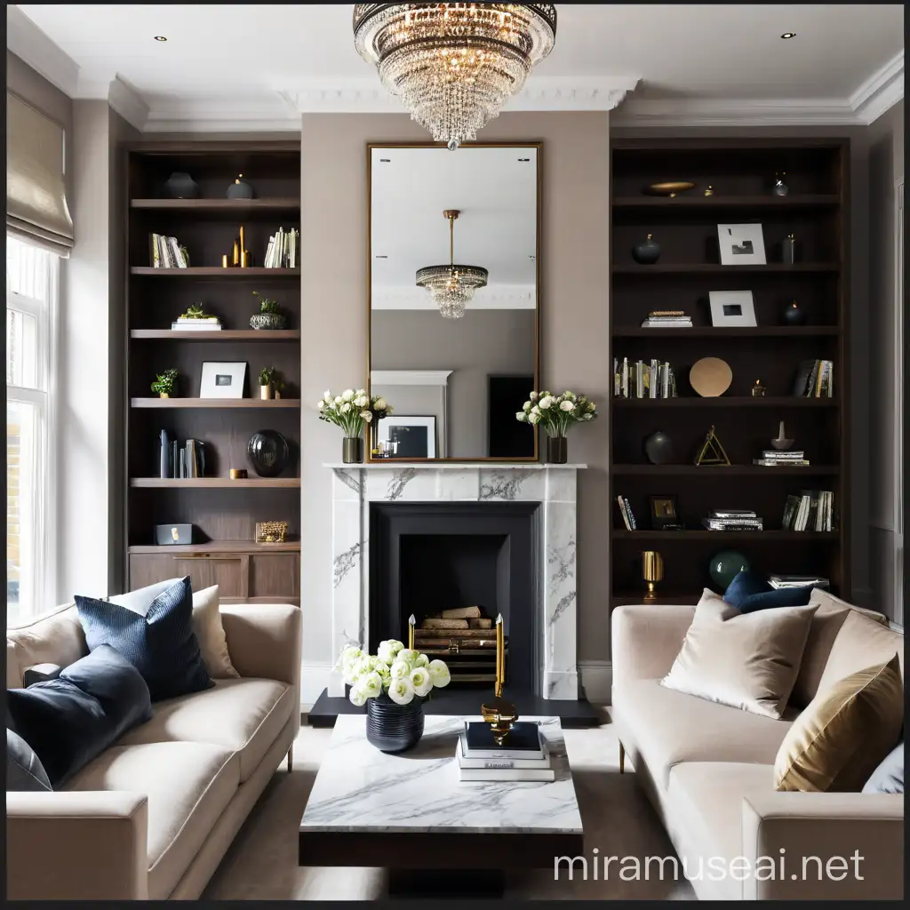 Editorial style photograph of a transitional living room in a town house in london with neutral furniture, modern marble fireplace with mirror above, dark wood shelving with accessories , bronze crystal chandelier ultra realistic high resolution 8k