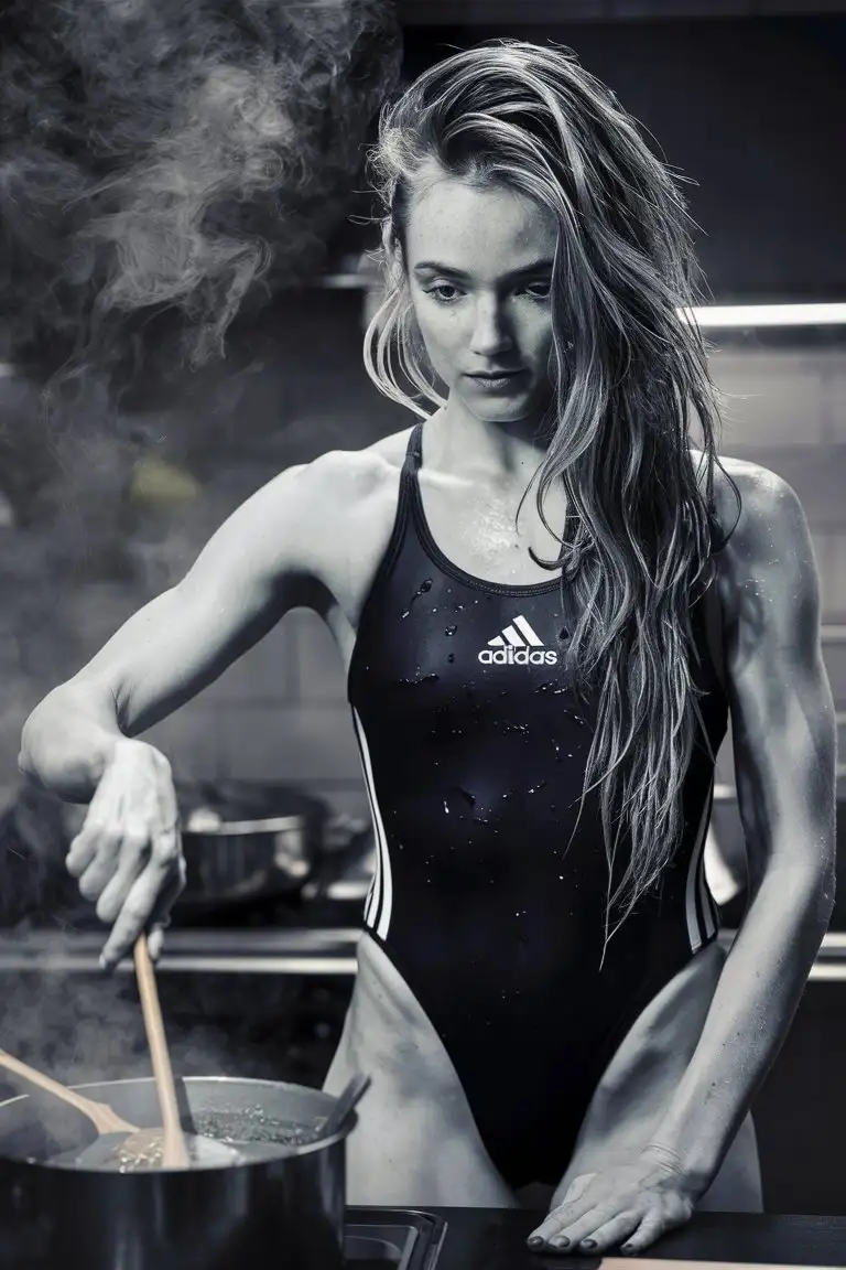 Nordic Woman in Black Adidas Swimsuit Cooking in Kitchen