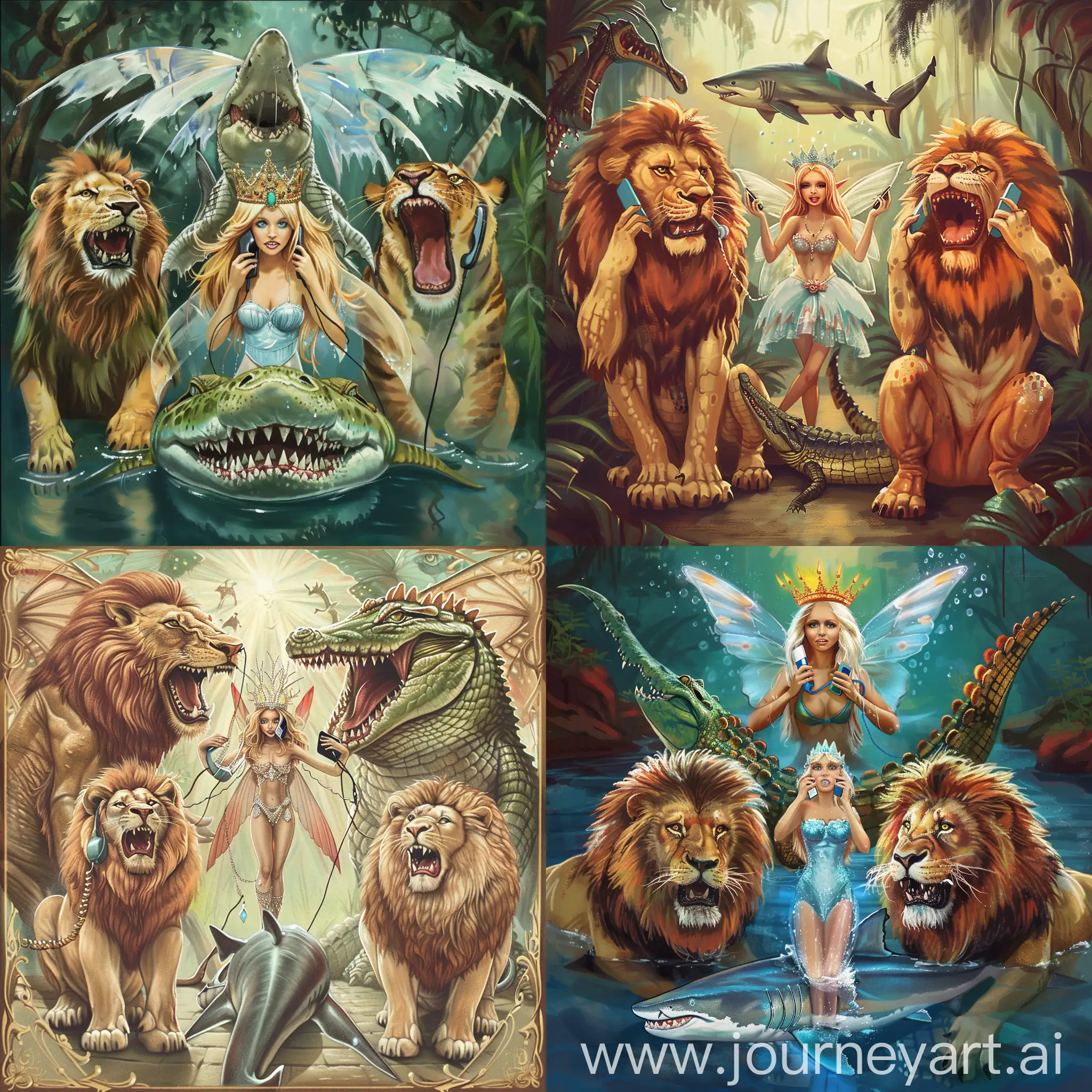 I want a picture that show 3 fierce animals, a lion a crocodile and a shark, each animal is speaking on a phone, and in the center of them, is a pretty fairy queen, and she is also speaking on a cellphone