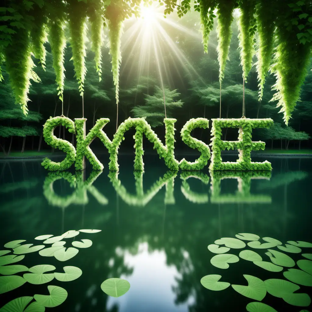 prompt: A serene and beautiful natural setting with a lake surrounded by lush greenery. The word 'SKYNSEE' is prominently displayed, formed by letters made of green leaves, suspended on a rope stretched across the lake. Each letter is lush and full, with various shades of green leaves making up their structure. The letters cast reflections on the calm water surface below them, indicating the stillness of the water. In the background, there are trees and plants that contribute to the tranquil and peaceful atmosphere of the scene. Sunlight filters through the trees casting a soft glow over the entire scene, enhancing its ethereal beauty.