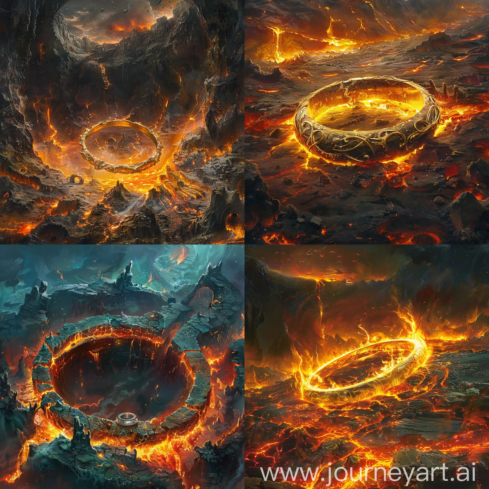 Кольцо, изображенное как магическое артефакт в игровом мире, окруженным огненными ловушками, лавовыми потоками и другими опасностями, --s 200