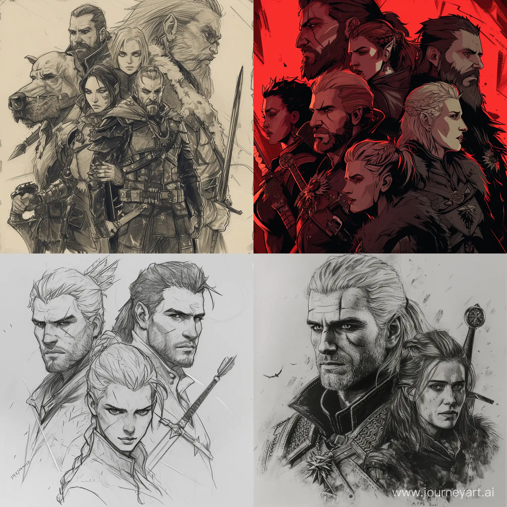 members of the Ramstein group, drawing in "witcher 3: wild hunt" style