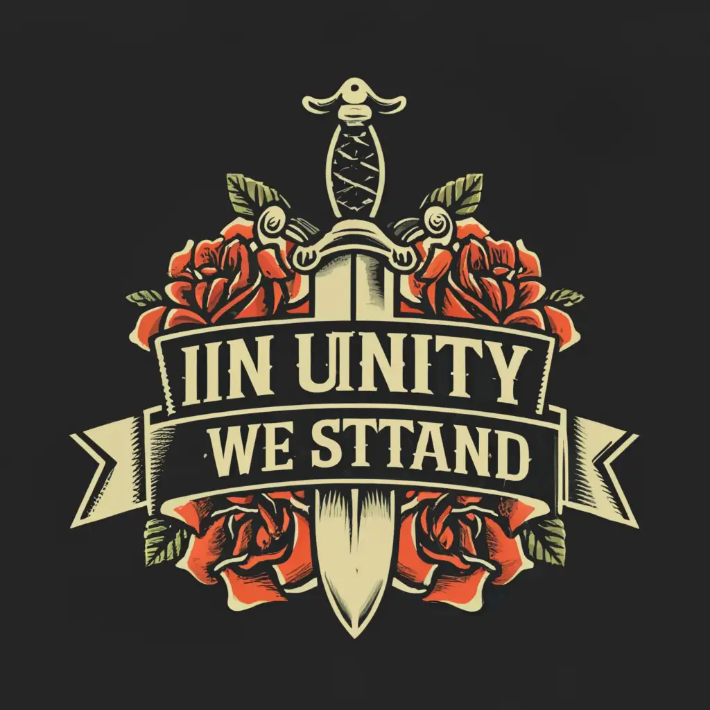 a logo design,with the text "in unity we stand", main symbol:fire with sword and roses,Moderate,clear background