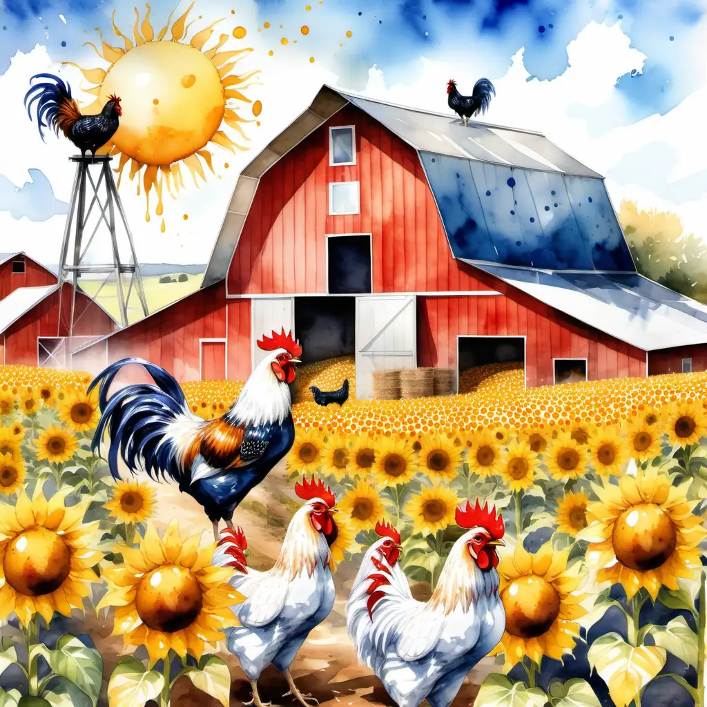 Farm, water colour, lots of sunflowers, roosters and chickens , eggs, transparent background,  corn, blue skies, sunny, barn, paint spatter, dam