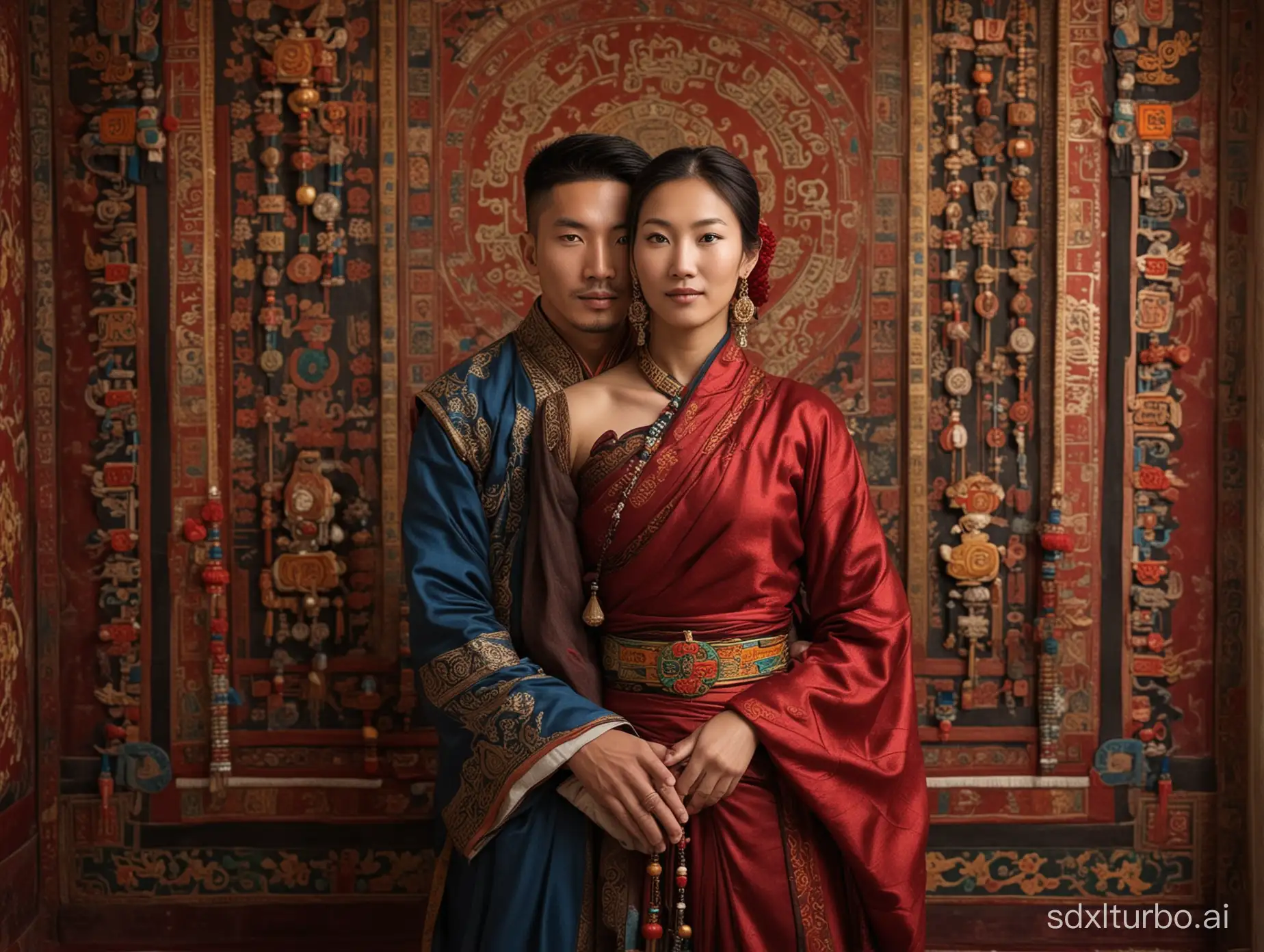 Tibetanstyle-Couple-Portrait-Intimate-Embrace-amid-Traditional-Decorations