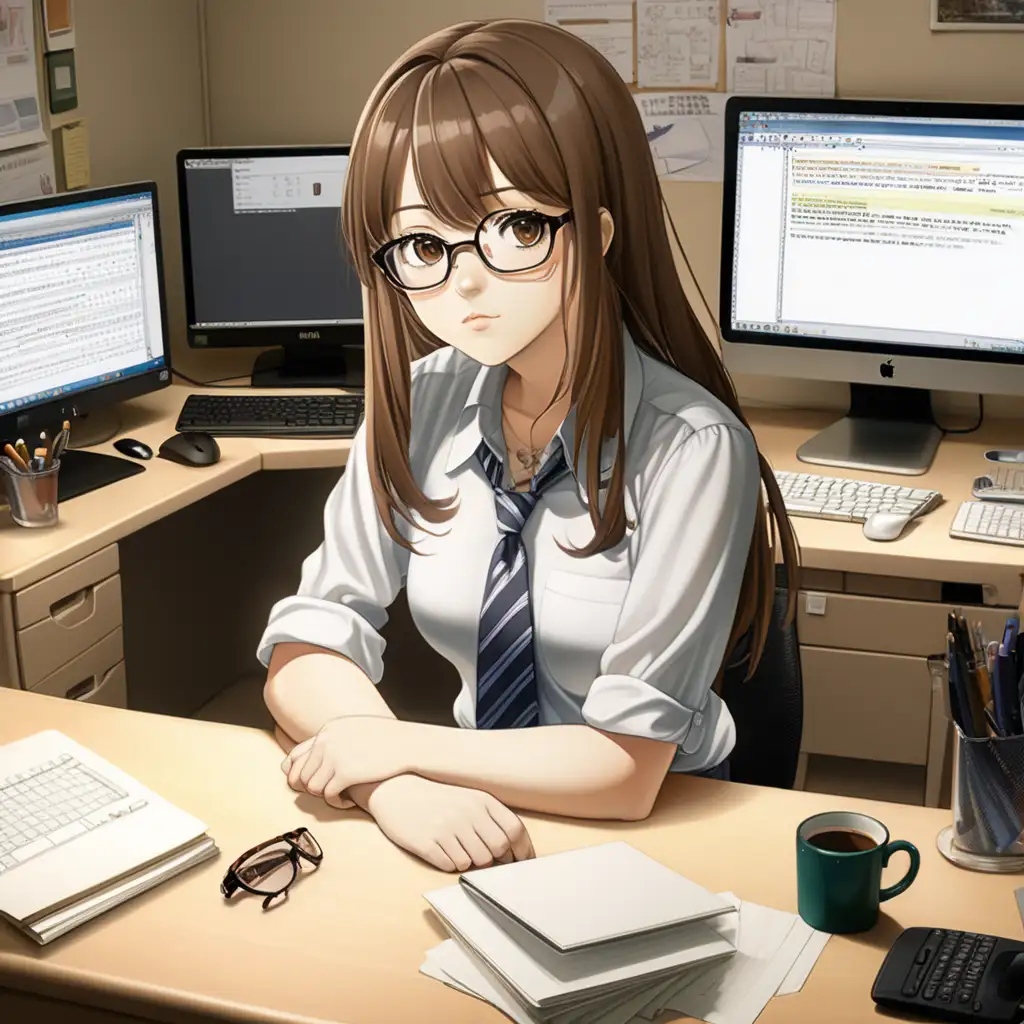 Anime style: ecchi

Composition:
- fat young woman with dark circles under her eyes, messy brown hair, noticeable muffin top, a round, pear-shaped body, noticeable muffin top, and fuller thighs.
- Wearing casual office attire in neutral tones, accessorized with thick-rimmed glasses.
-portrayed at her cluttered workstation in a dimly lit office, with shadows cast by her computer monitor.