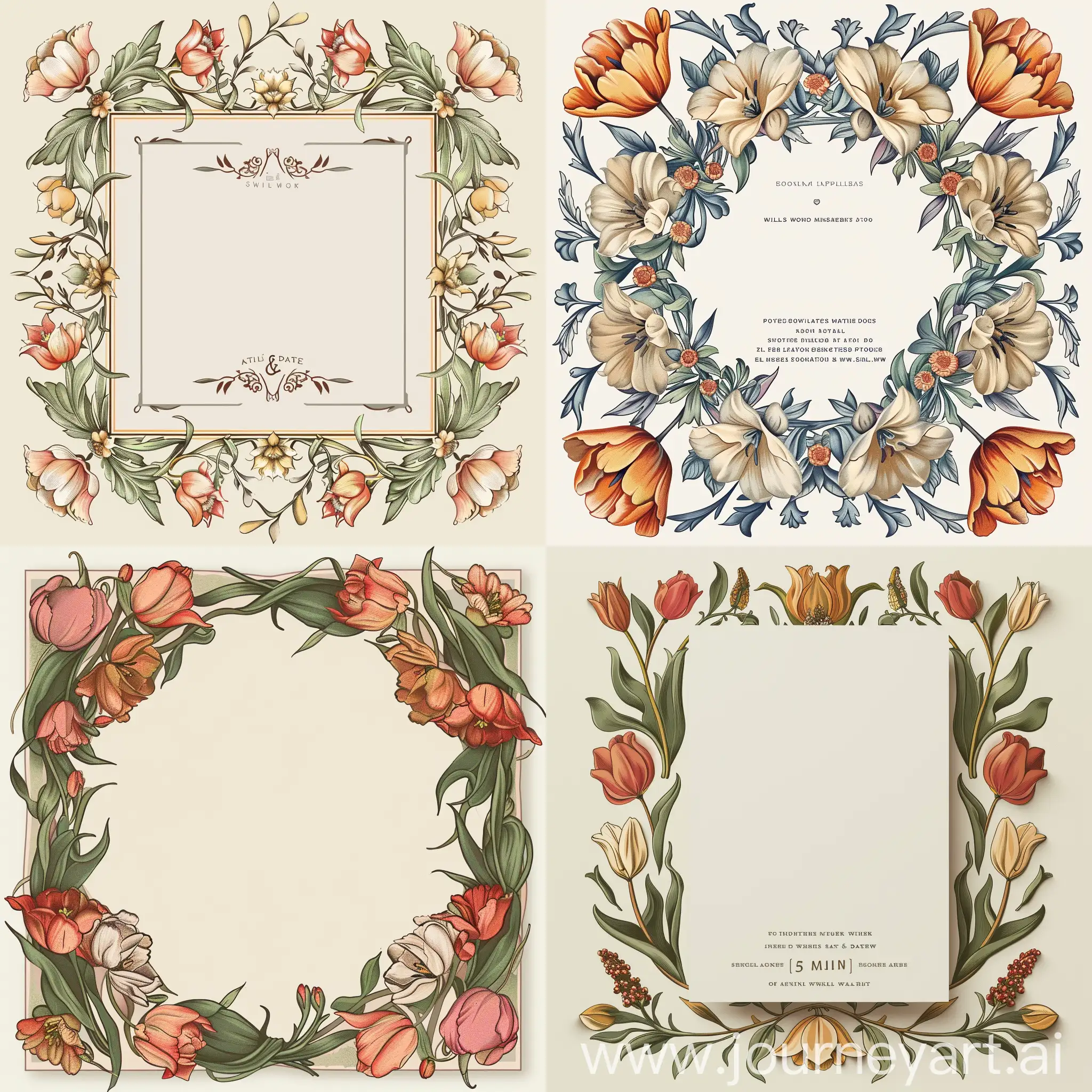 Design a romantic and elegant wedding save the date template without any information on off-white background. Surround it with a floral decoration inspired by the shared image of tulips, following the decorative mastery of William Morris and the essence of Art Nouveau