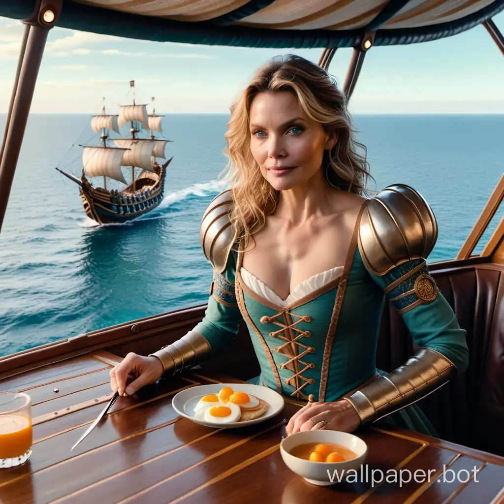 View from the upper deck of a fantasy airship. Below is an endless ocean with medieval sailing ships. aged mature Michelle Pfeiffer, dressed in a fantasy erotic costume of a fantasy warrior with a deep neckline, is having breakfast at the table.