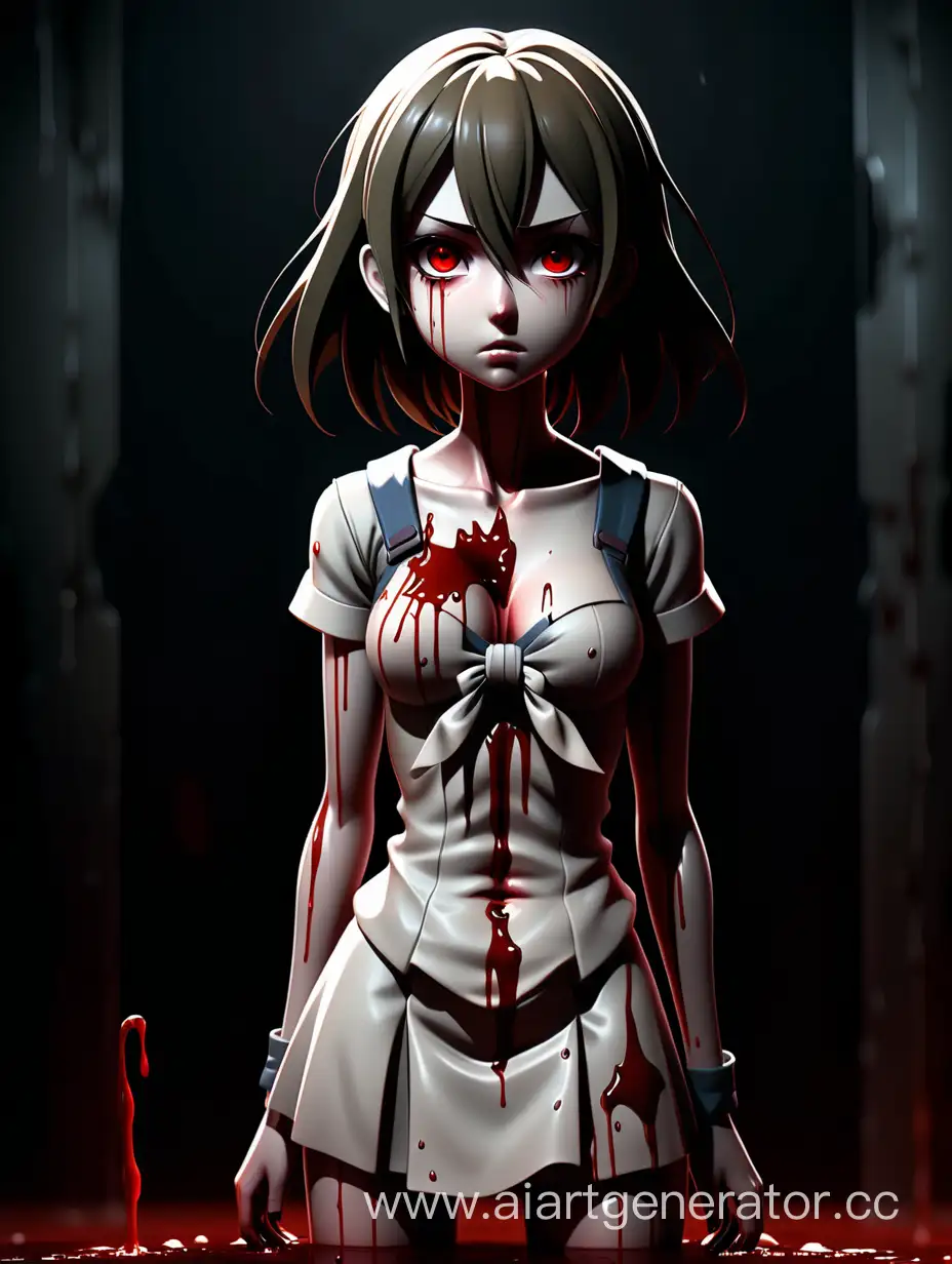 аниме девушка,3D, стоит в крови,в темной атмосфере где полно крови, слезы из крови
