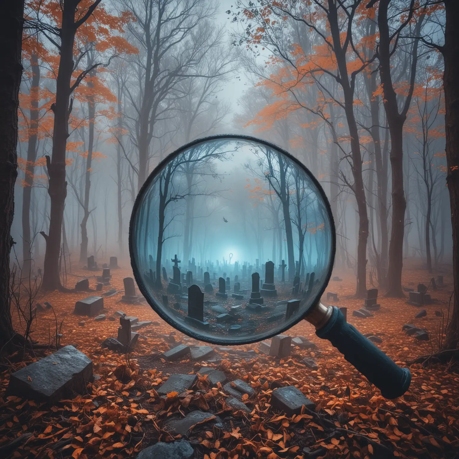 Eerie Forest Graveyard Scene with Mystical Blue and Orange Mist Viewed Through Magnifying Glass