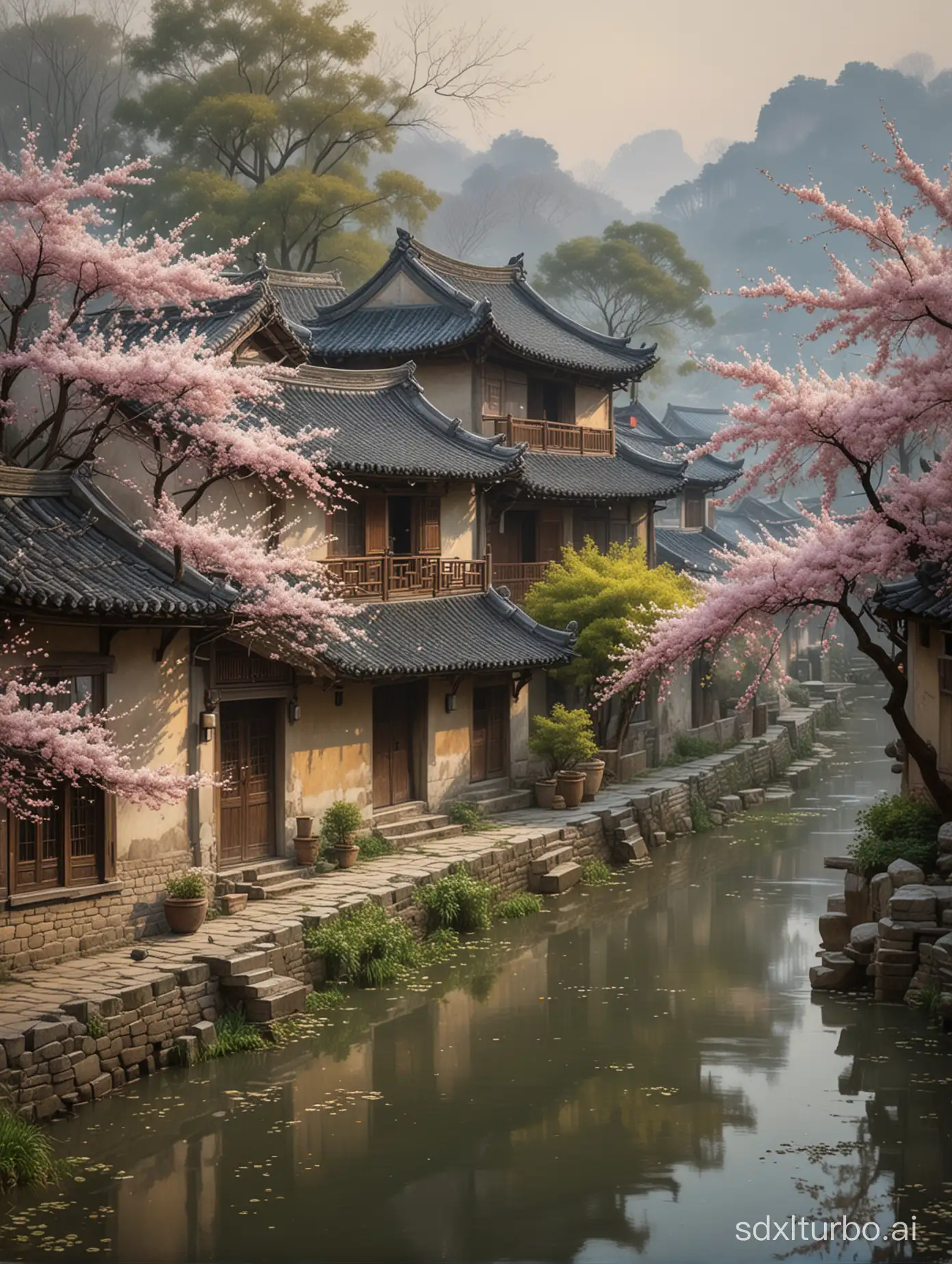 Tranquil-Rural-Scene-Blossoms-and-Stone-House-in-Wuzhen