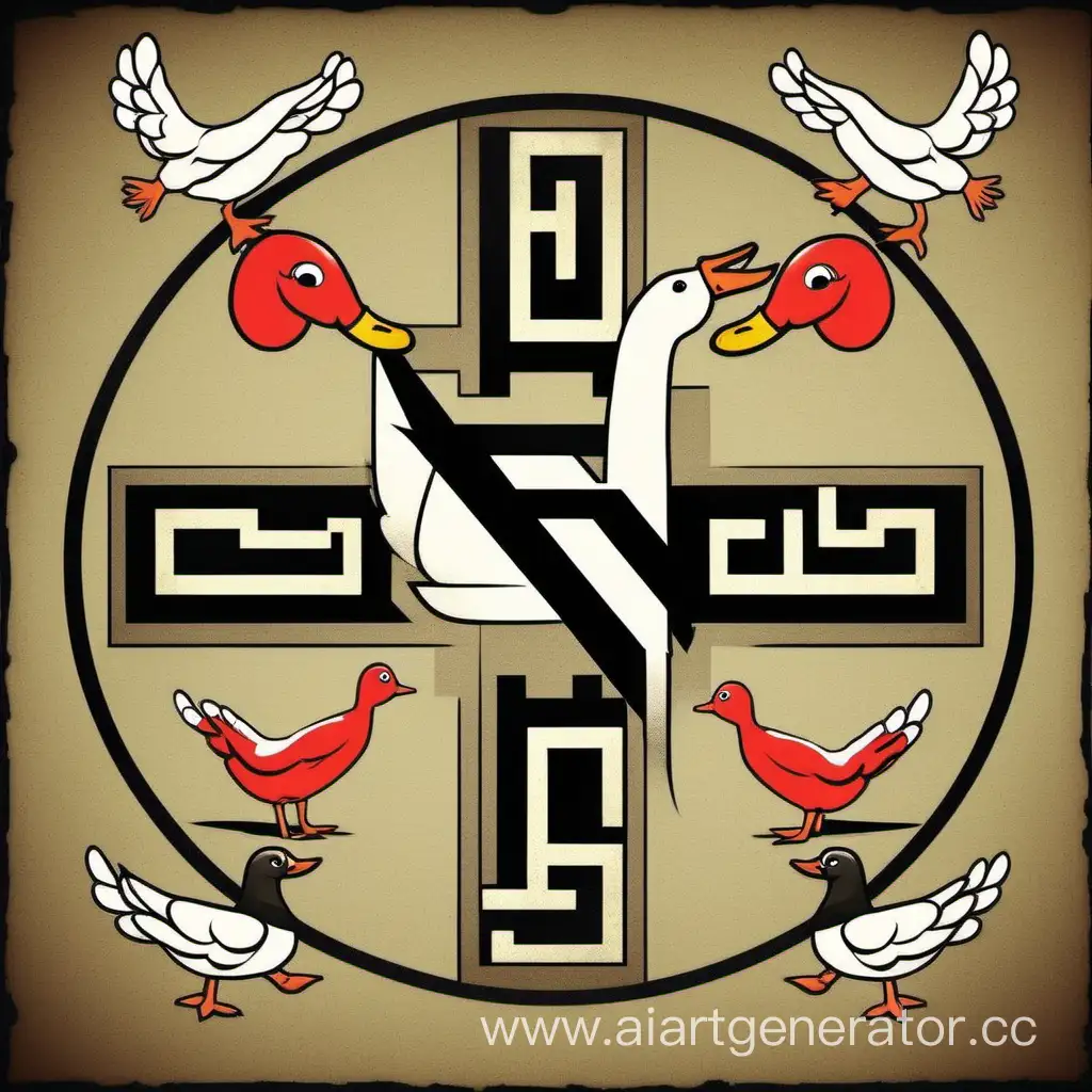 Cartoon-Geese-Surrounding-Swastika-Symbol-in-Artistic-Expression
