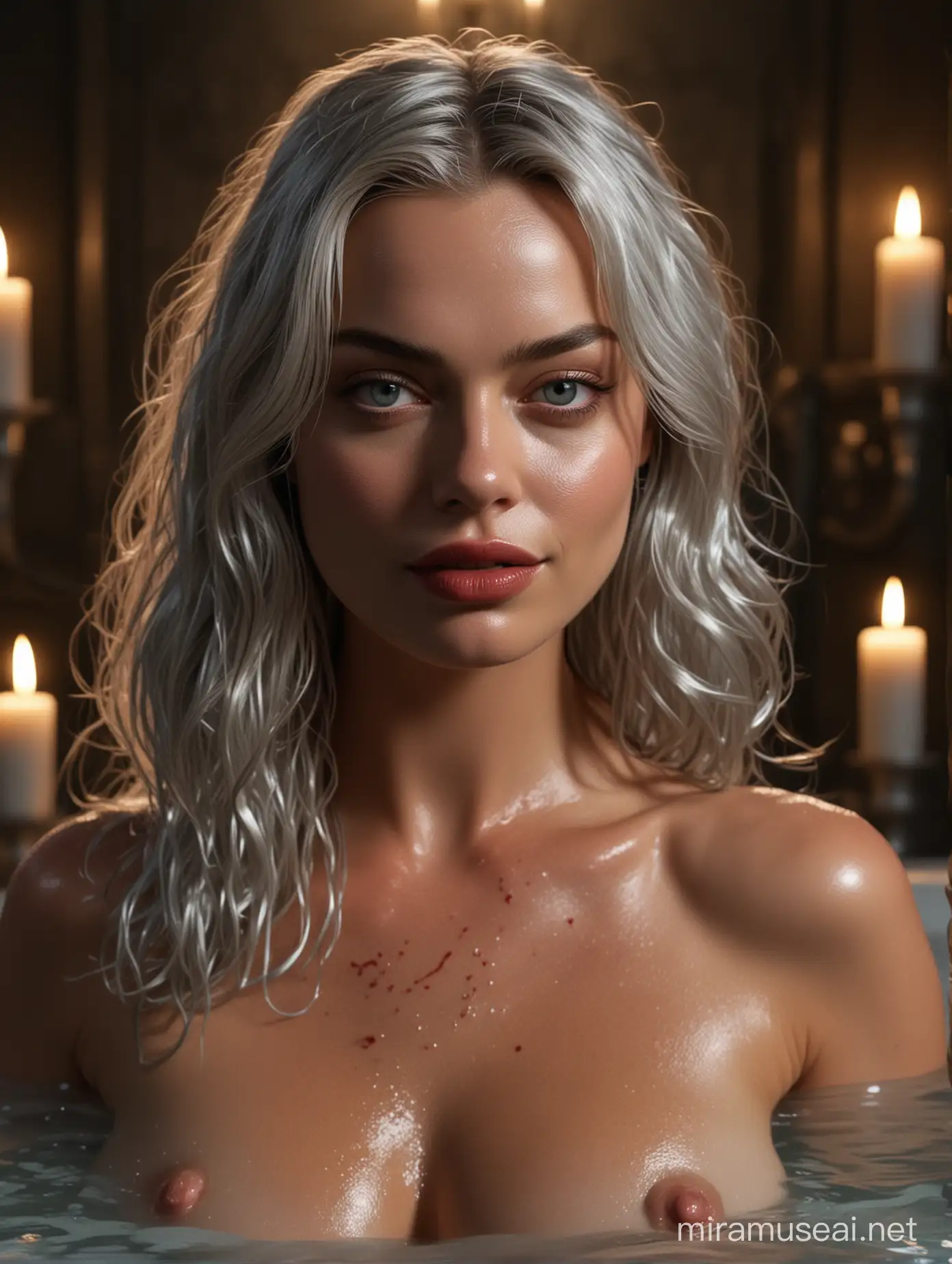 Produce a hyperrealistic 3D model of Margot Robbie with silver long wavy hair, naked and taking a bath in a blood, she is in a dark room lit up with candles