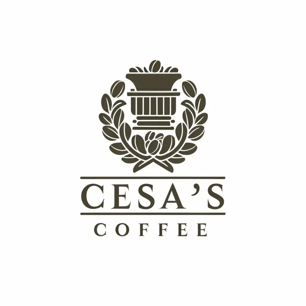 a logo design,with the text "Cesar's Coffee", main symbol:Laurel Wreath on top, at bottom Greek Ionic column holding a coffee basket,Minimalistic,be used in Restaurant industry,clear background