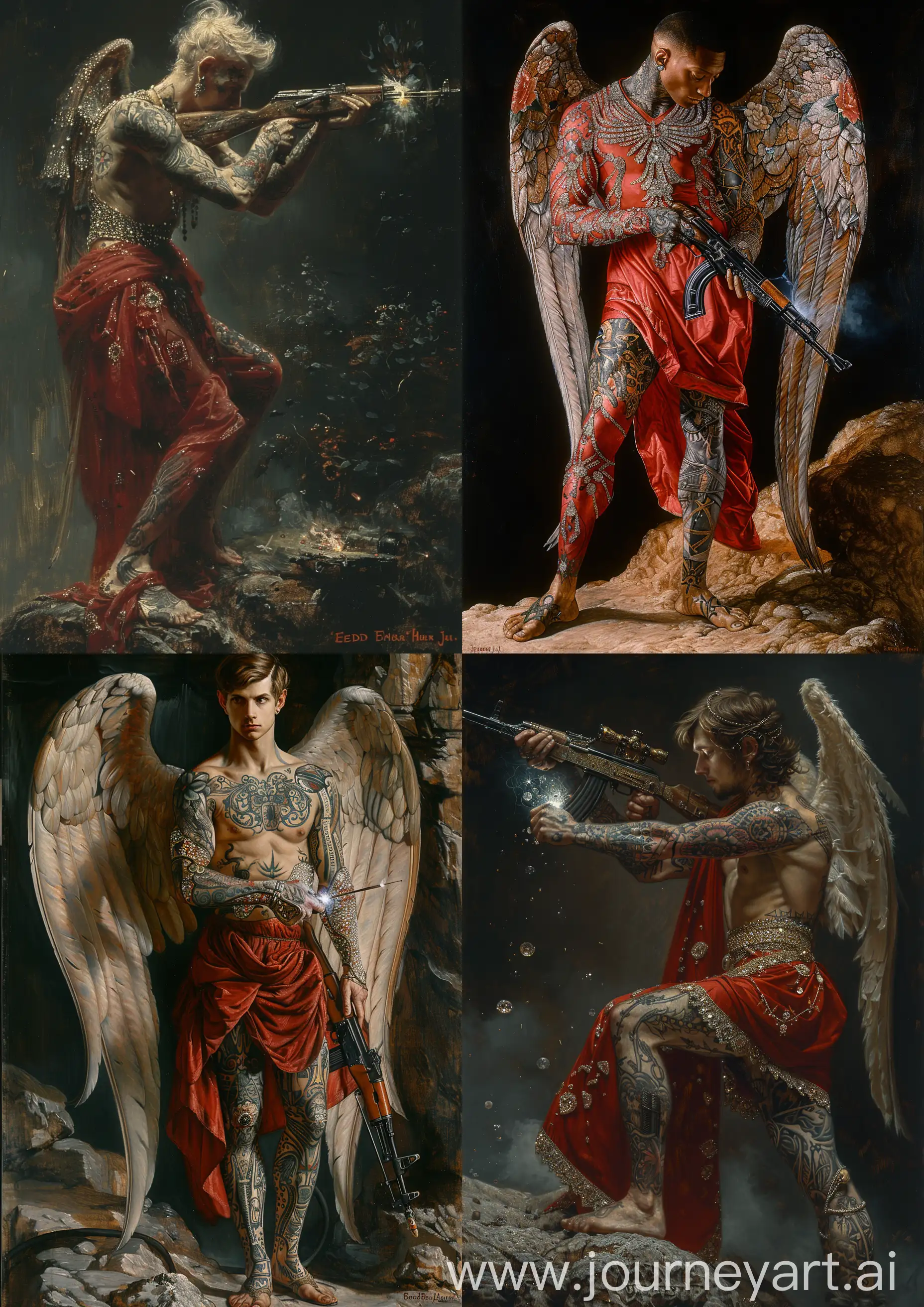 Edward Burne-Jones oil painting of a tattooed male angel warrior wearing red clothes ornate in diamonds, silk and robes, welding a Kalashnikov riffle, standing on a rock, high tones, high detailed, dramatic pose, full body —c 22 —s 750 —v 6.0 —ar 5:7