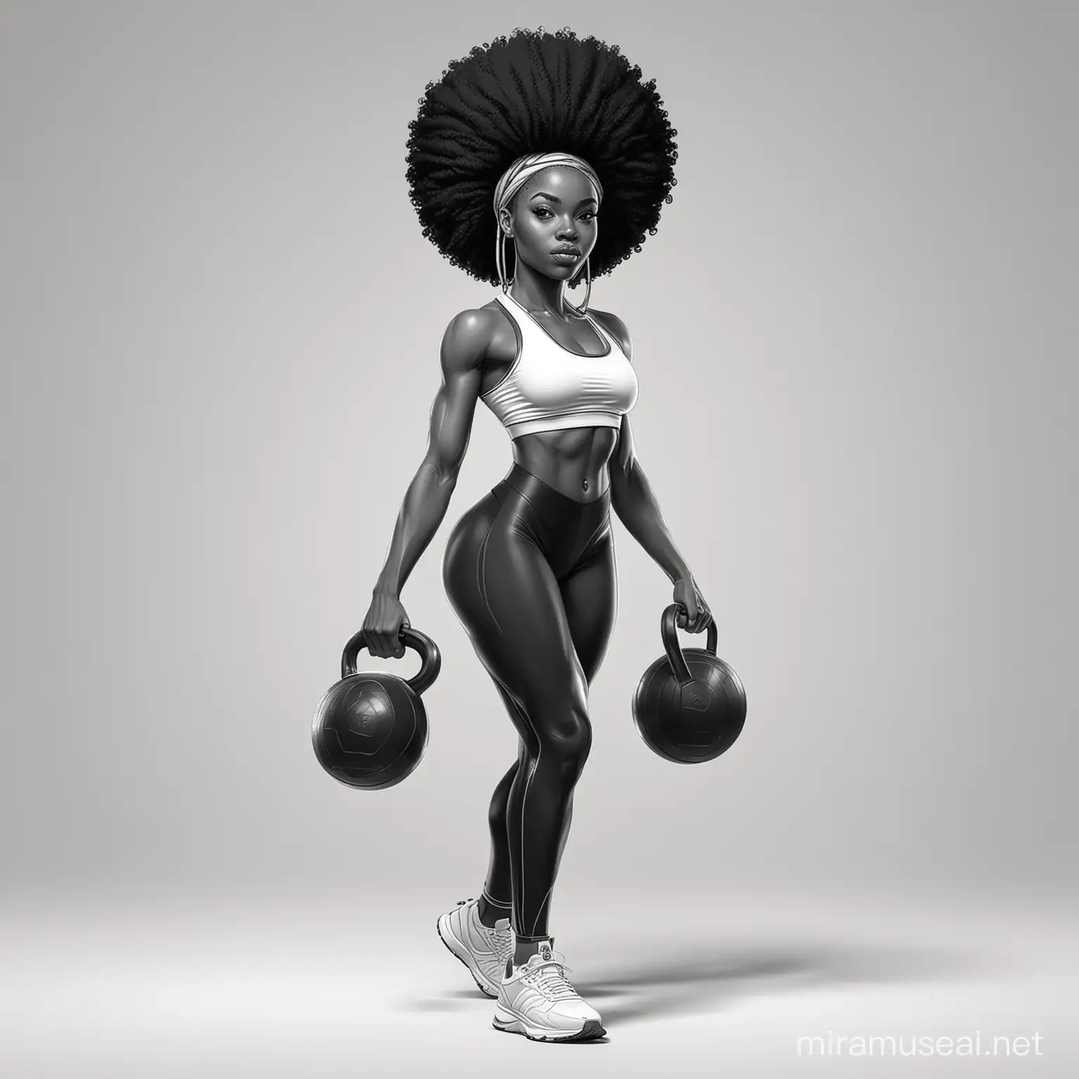 Afro Girl Full Body Gym Workout in Vector Black and White Style
