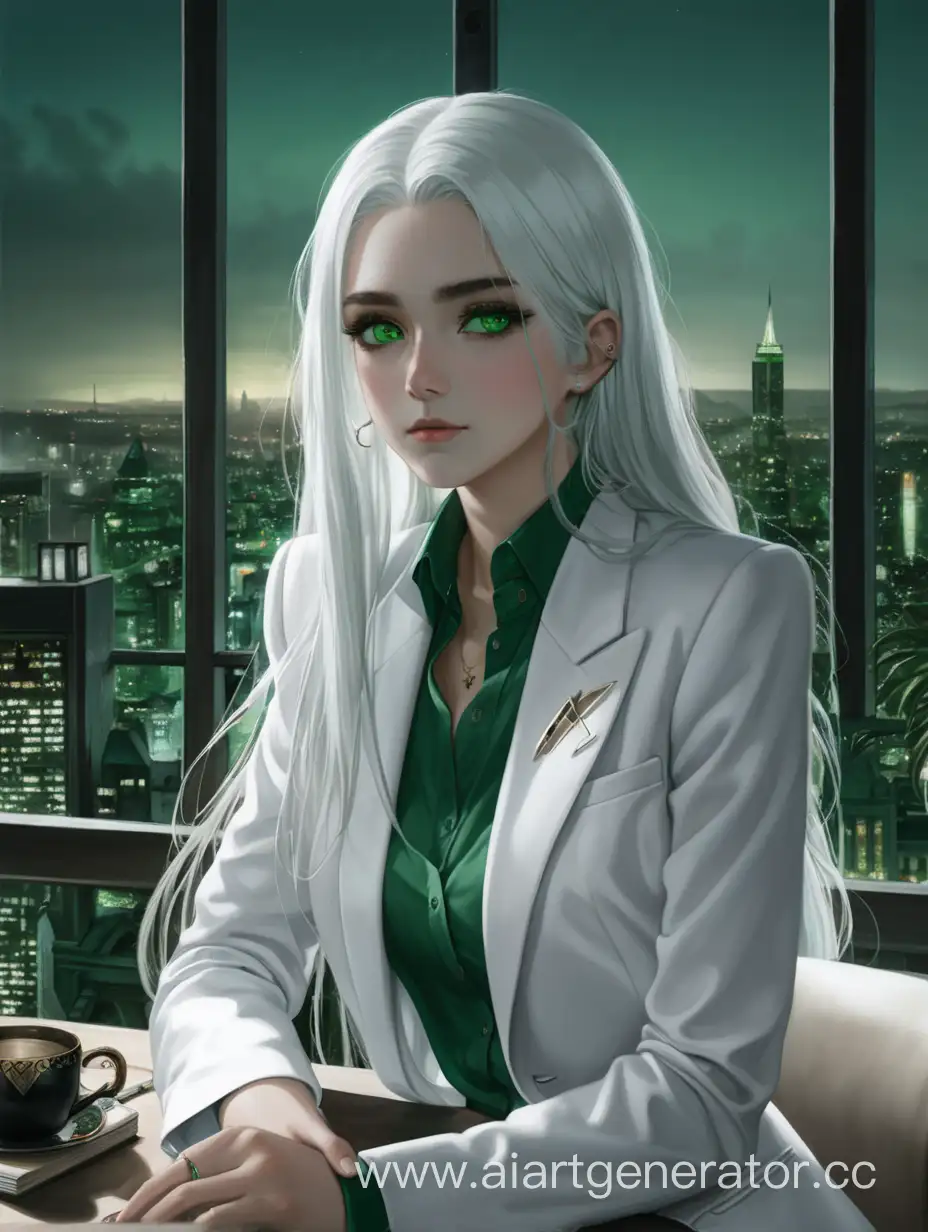 Девушка с зелёными глазами и длинными белыми волосами, одетая в белый костюм и зеленую рубашку, сидящая на столе, а за спиной окно с видом на темный город.