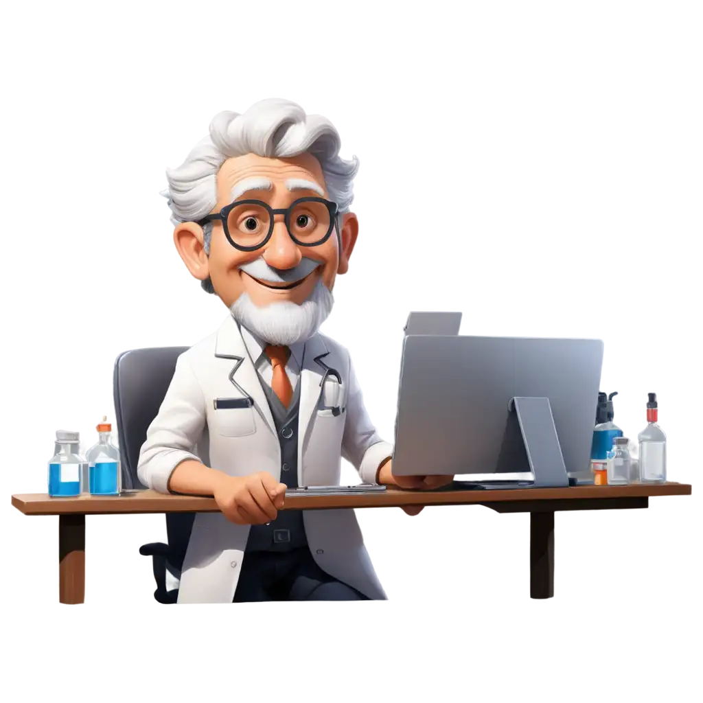 Draw a caricature of a scientist in his laboratory