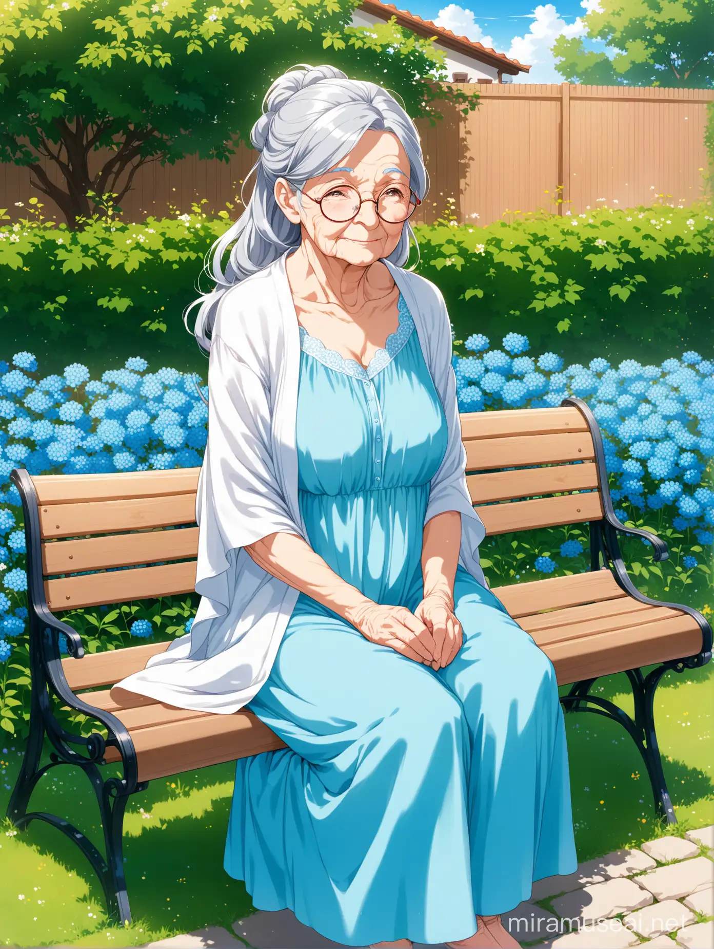 Anime, Old lady, wrinkled, with long gray hair, wearing light blue nightgown, white shawl, round glasses, friendly, sitting on a bench, backyard, garden with blue flowers.