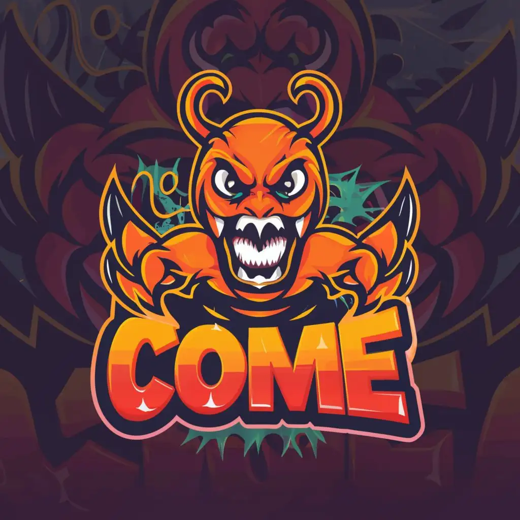 logo, Ant, vector, monster, angry, crazy, towering, menacing, exaggerated, features, sharp, teeth, glowing, eyes, dark, background, vivid, colors, dynamic, pose, digital-art style., with the text "Come", typography