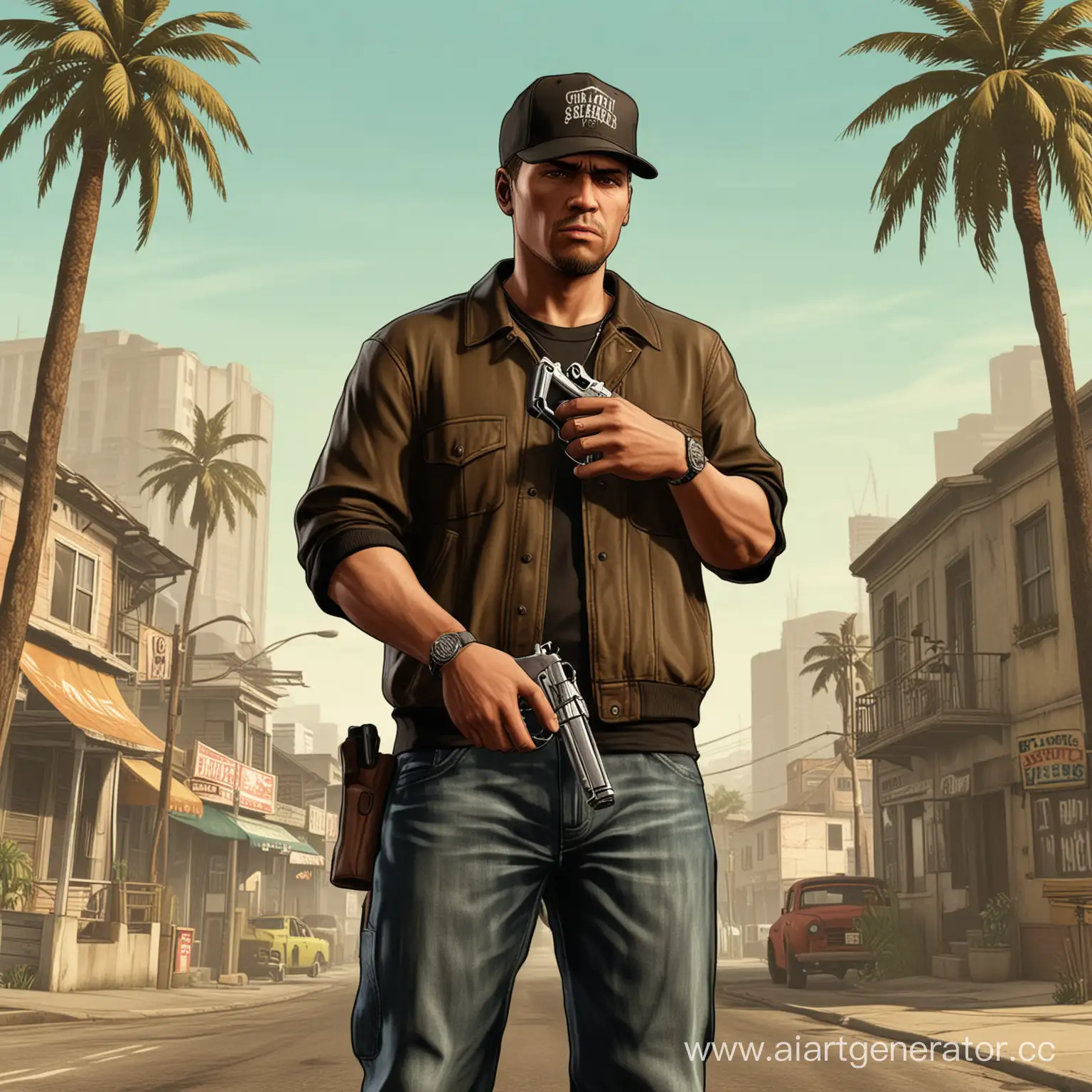 Человек на фоне GTA SAN ANDREAS, стоящий в кепке с пистолетом