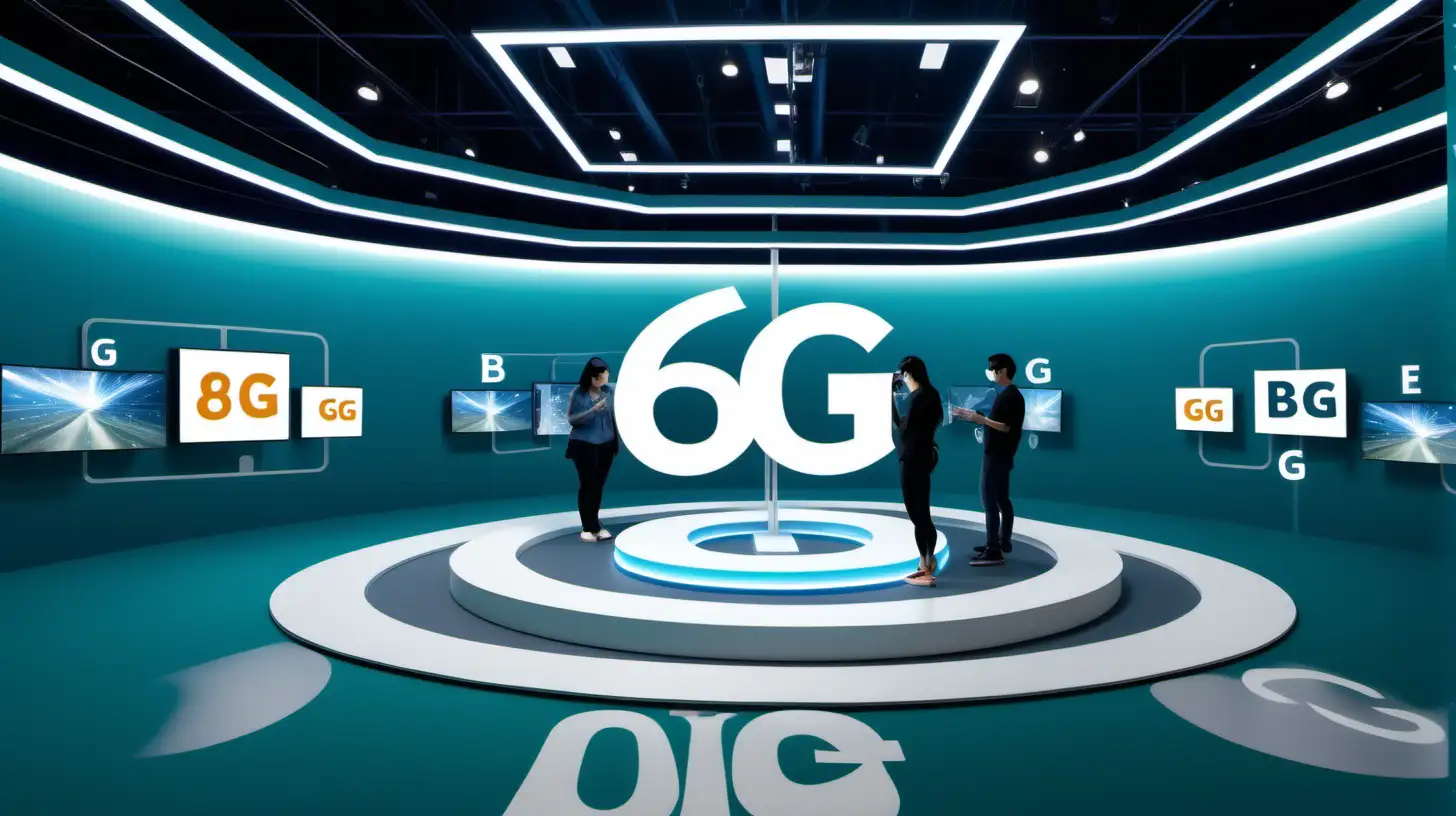 An immersive augmented reality environment where users interact with 6G-enabled devices, and the letters "6G" are prominently displayed in the center.