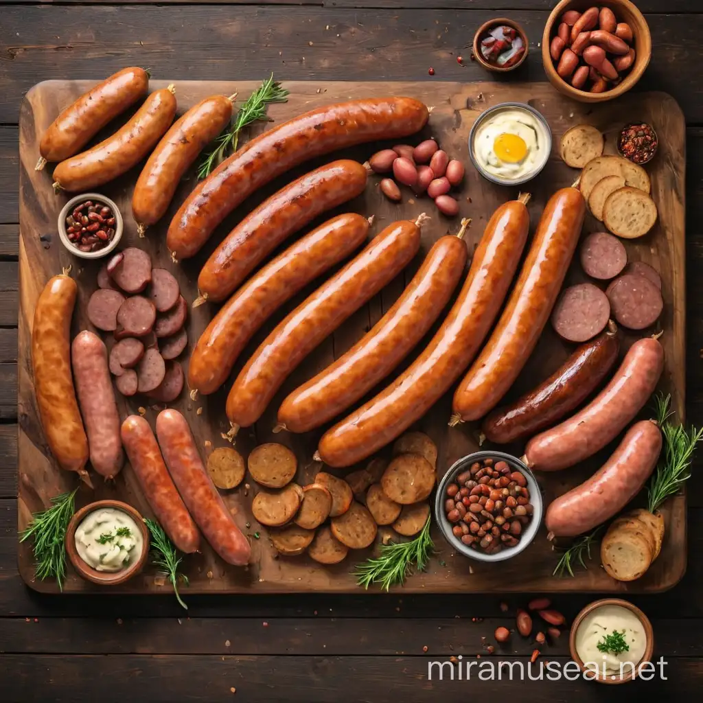 Large variety of sausages on a wooden board