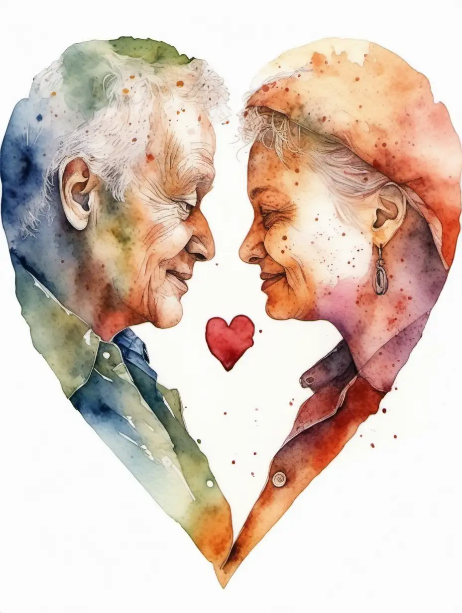 two not detailed faces create a heart shape water colour 
white background