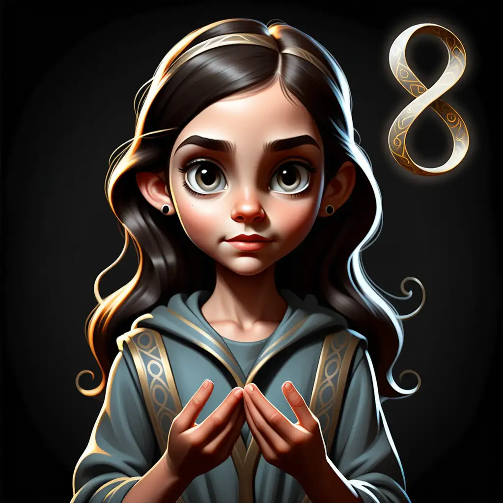 10 year-old girl who looks like Joslyn Arwen Reed, standing in front of a black background, holding an infinity sign in her hands, children's story book, illustration