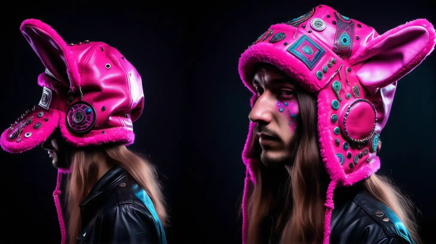психоделический транс шапка ушанка розового  кислотного цвета  с длинными ушами вниз . неоновые вкрапления лоскуты 