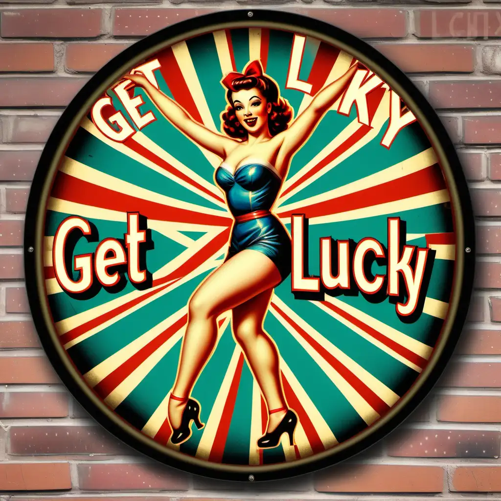traditional vintage british fairground sign "GET LUCKY !" with pinup style dancer