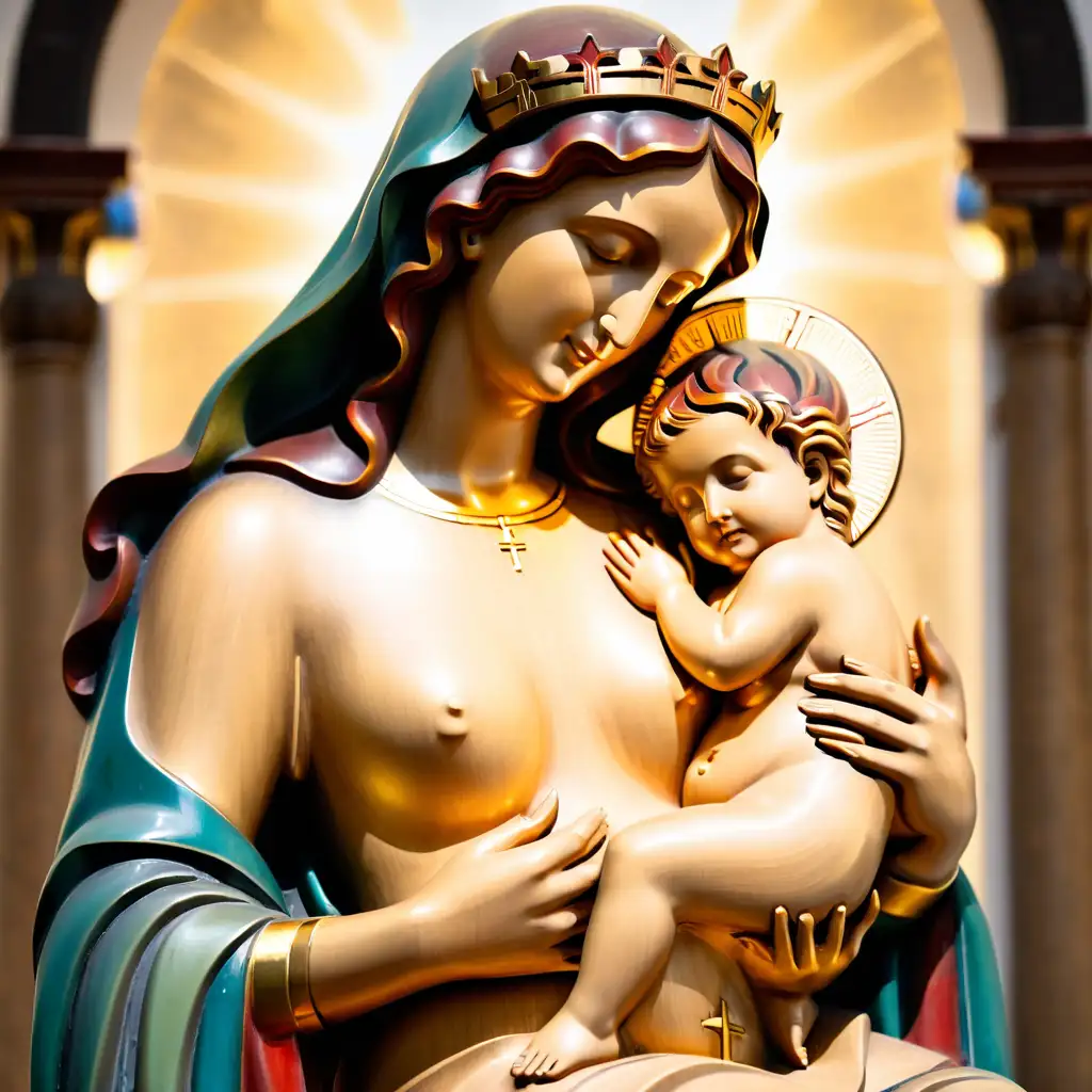 Sacred Scene Saint Mary Breastfeeding Baby Jesus Wooden Statue with Halos