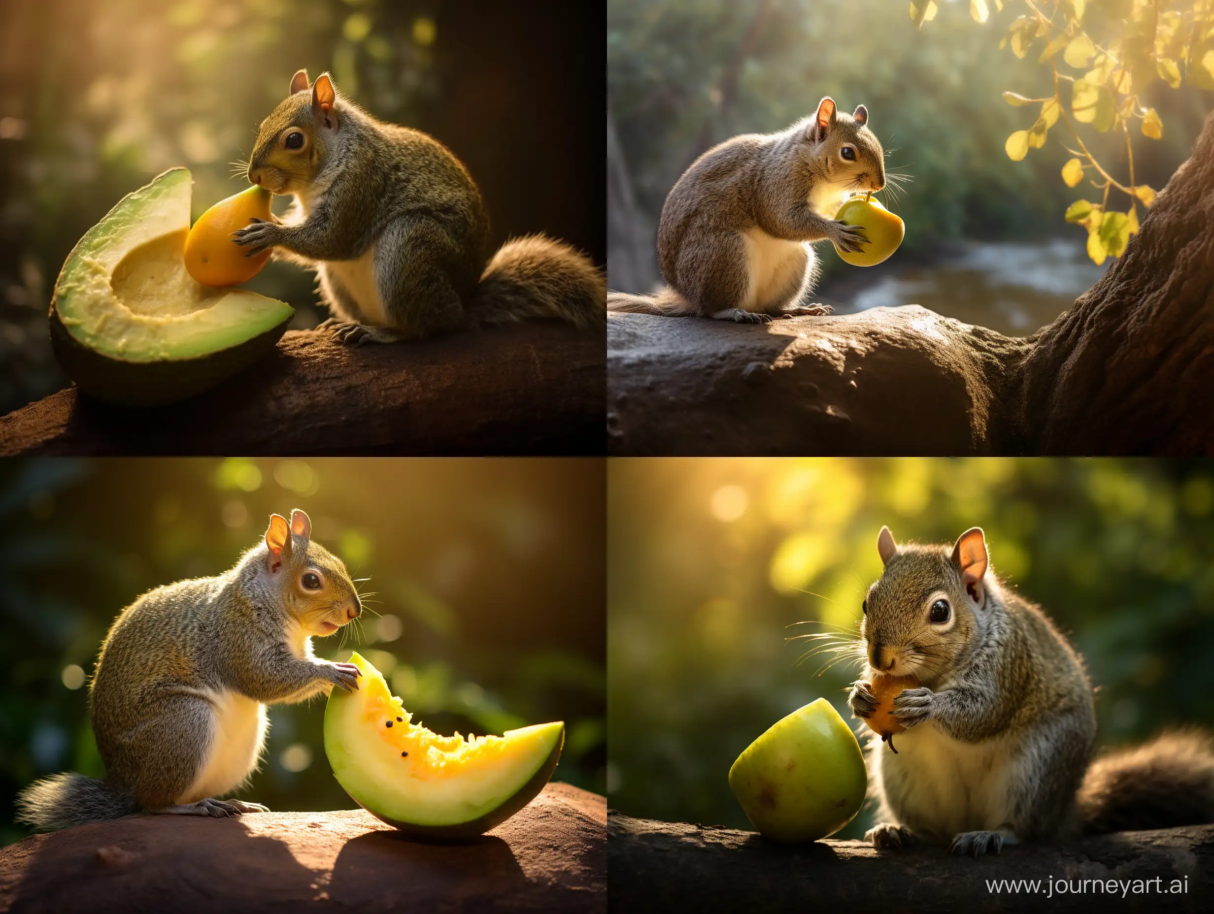 A squirrel eating an avocado, wildlife photography, golden hour