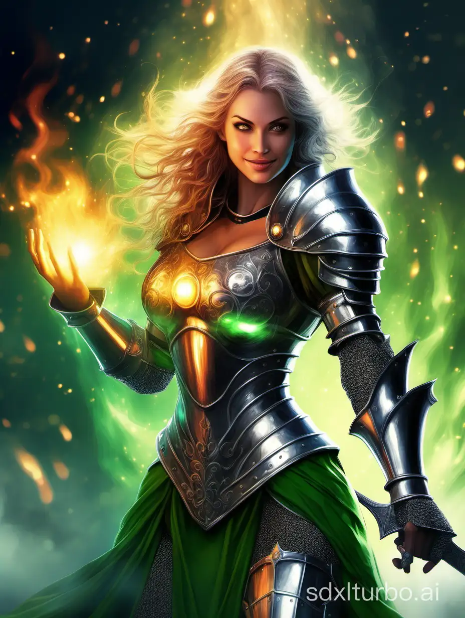 An astonishingly beautiful sexy busty female knight with light magical powers, generating an aurora of warm light around her, with small flames bursting out of her hands, with cheerful glowing green eyes and a mischievous smile