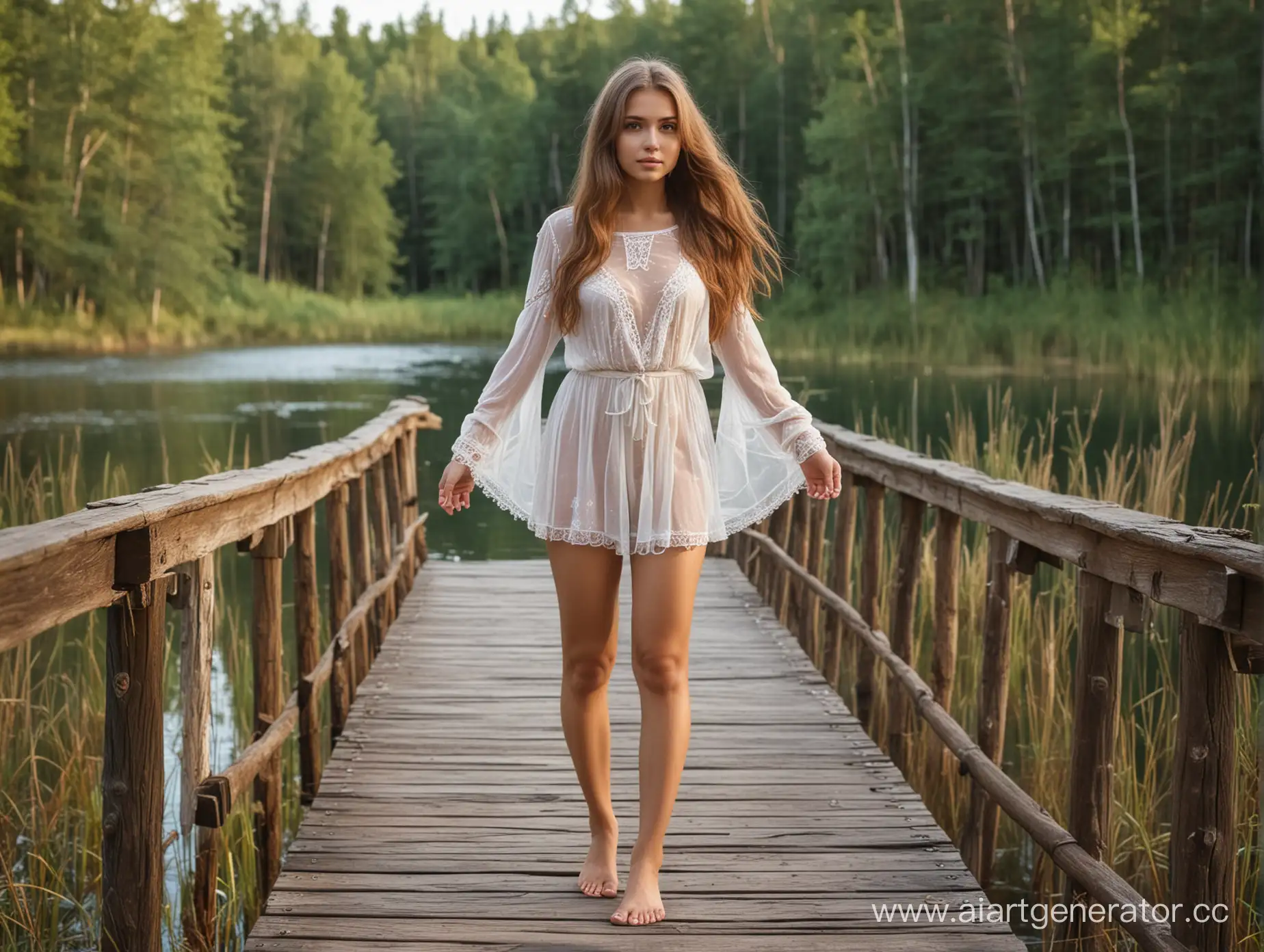 Лесное красивое озеро, молодая сексуальная Русская девушка в полупрозрачном коротком сарафане стоит на деревянном мостике, русые длинные косы, максимальная чёткость в деталях.