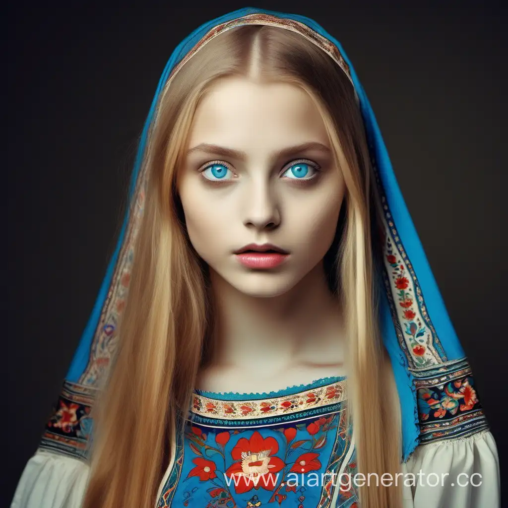 Девушка с большими голубыми глазами длинными прямыми светлыми волосами, острыми чертами лица, тонкими губами в русском народном стиле