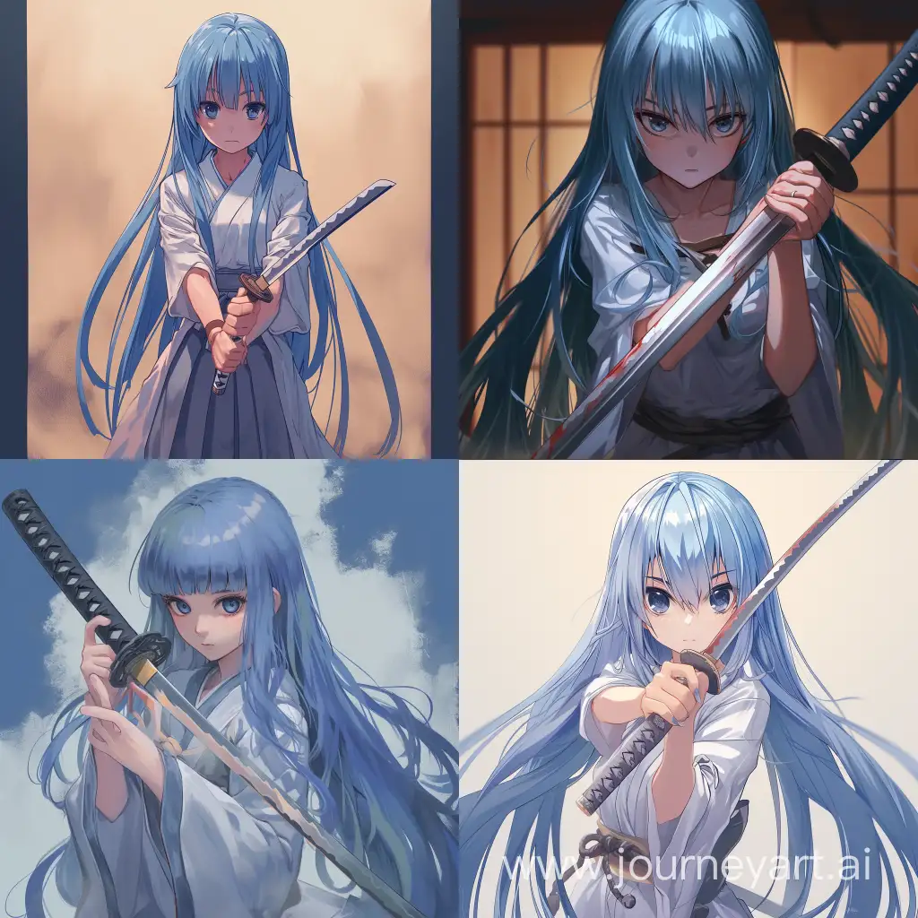 a girl with long blue hair holding a katana in her hands by the handle