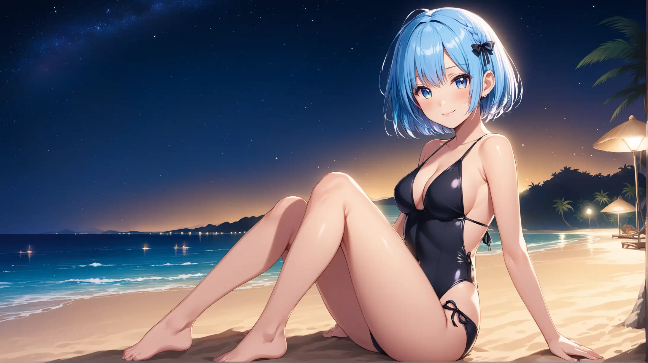 Draw the character Rem, high quality, sitting in a captivating pose, alone at the beach, at night, wearing a swimsuit, she is smiling at the viewer