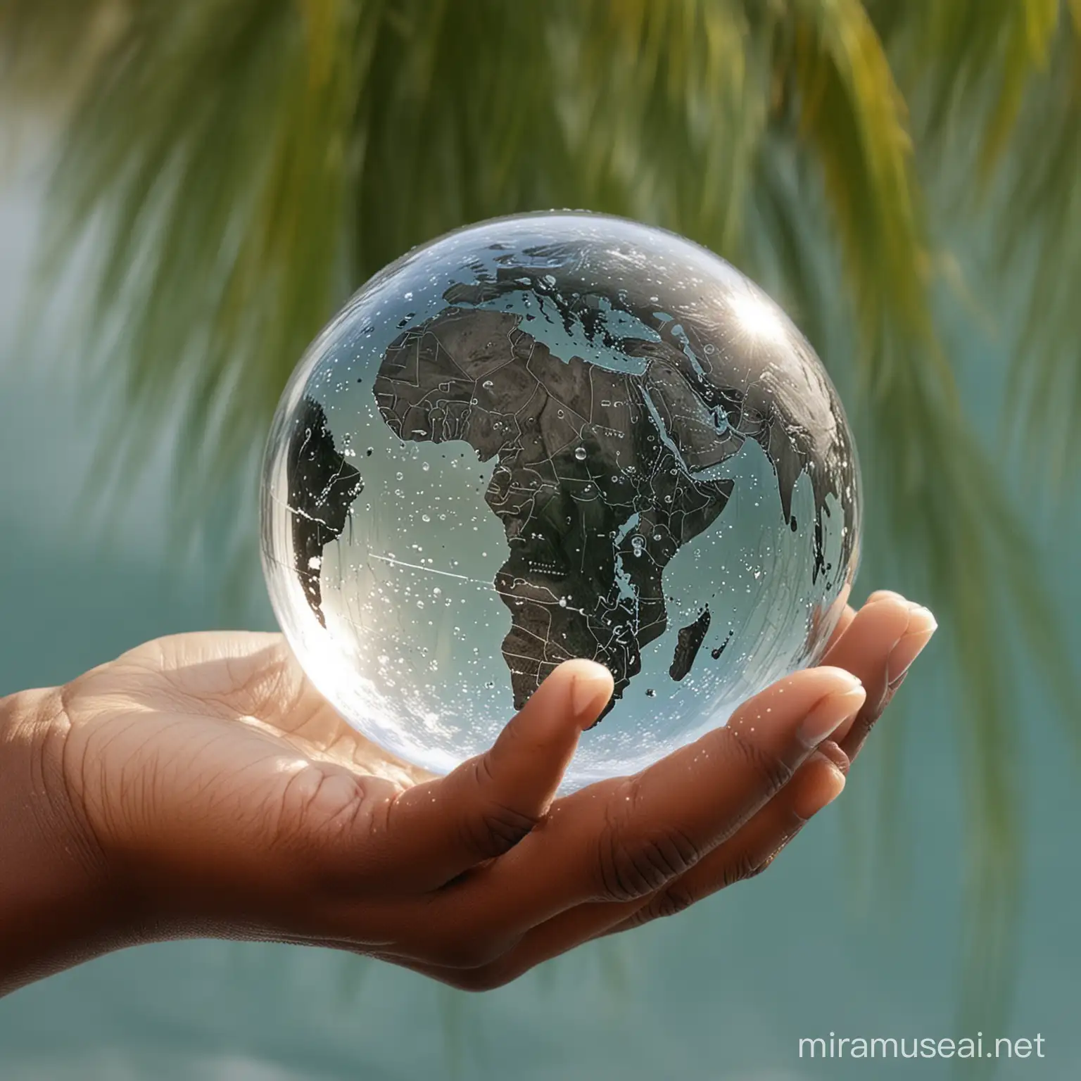le globe terrestre dans une bulle d'eau dans la paume de main d'un enfant noir